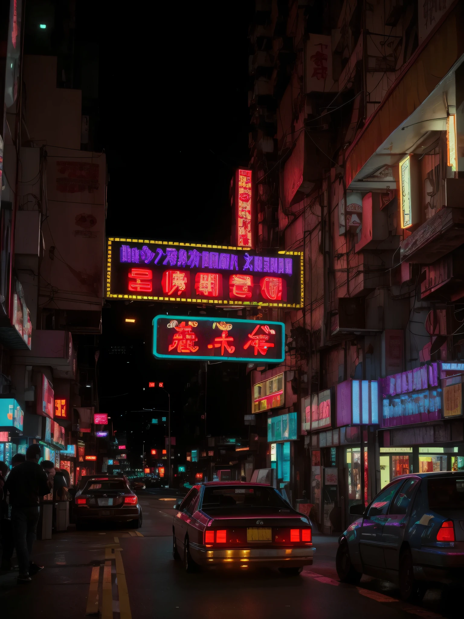 8K, RAW, Cinema lenses, cyberpunk style, Synth waves, ultra-realistic realism, Cars parked on the street in front of neon signs, Kowloon, Hong Kong, cyberpunk personage, neon signs in the background, neon lights above shops, retro-futurism, high resolution, high quality, masterpieces, Ray tracing, fantasy