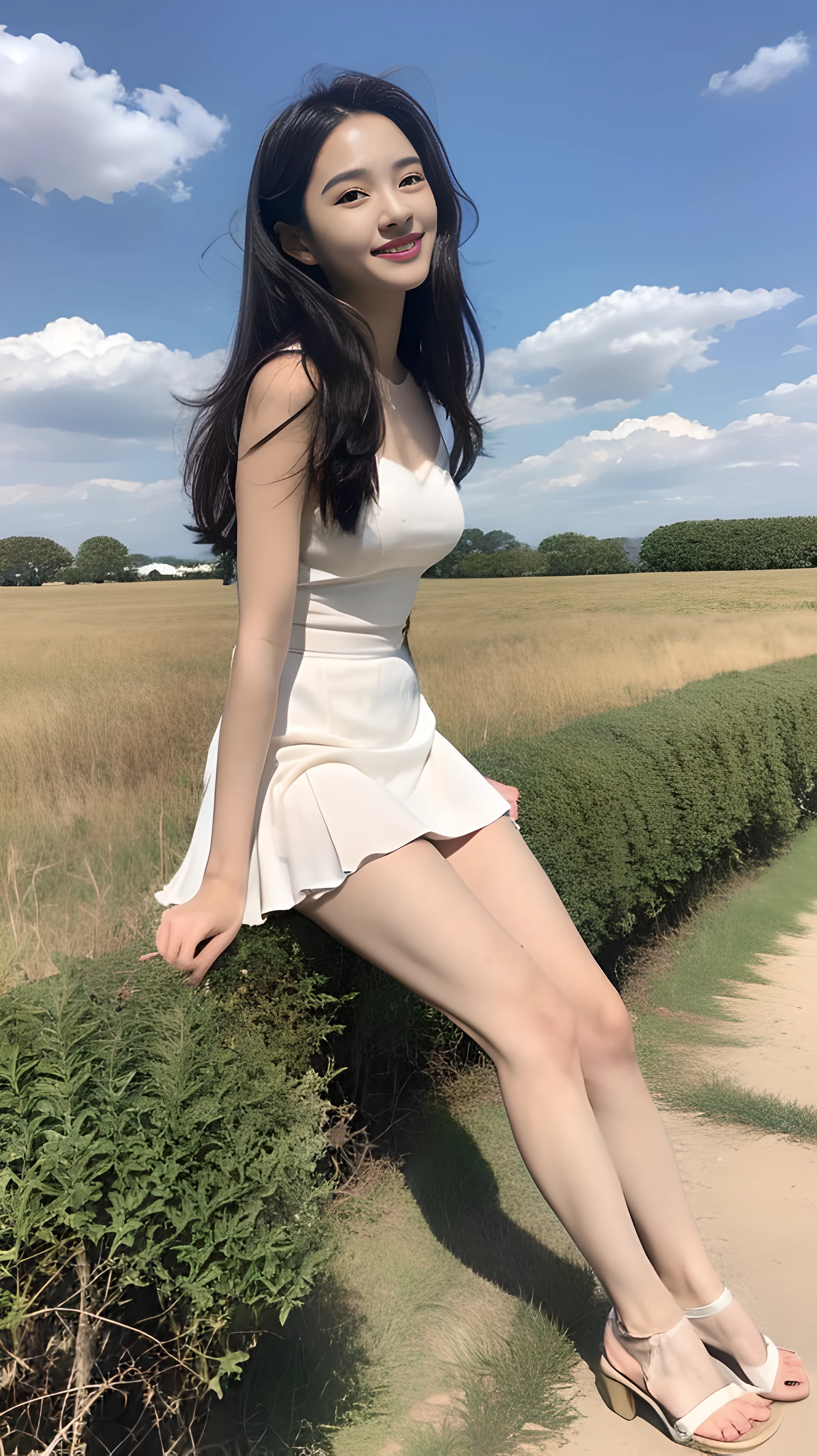 A nice and cute girl，Full body photo，Extremely beautiful and delicate，Black color hair，A sweet smile，Delicate and beautiful fair skin，Realistic and realistic，exquisite and complete facial features，Detailed depiction of the face，tall nose bridge，Smooth hair，extremely detail hair，Feminine temperament，Fill your face light，Tall and tall，Thin，sandals，Realiy，Hyper-realism，full body shot shot，Forward tilt angle,Extreme picture quality,Highest precision,Precise and perfect human anatomy。with blue sky and white clouds，Sitting on the Steppe，with blue sky and white clouds，rays of sunshine，cattle and sheep，(White chiffon skirt)Panties are clearly visible. telephoto shot，Express the landscape，Highlight portrait。