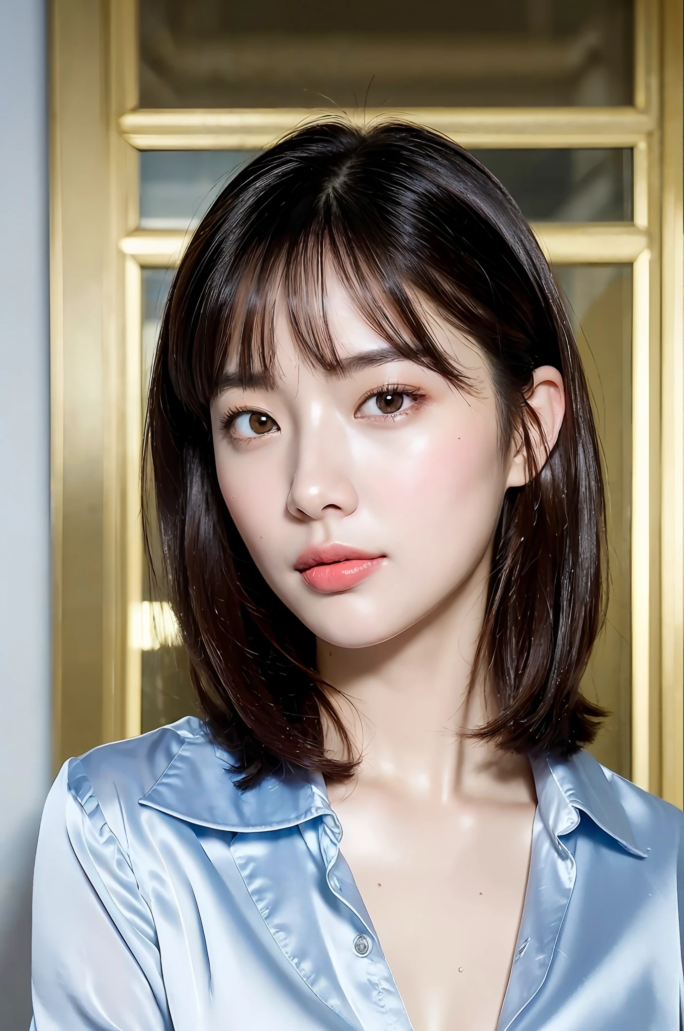 japanese beautiful woman,Ultra detailed skin,Ultra-fine,drooing eyes,high detailing,(short-haired with bangs:1.2),(Photorealsitic:1.4),(Top image quality:2.0),(超A high resolution:1.0), (masterpiece:1.5),(pureerosface:1.5),big eye,the skin is wet,White and beautiful skin,((Shiny satin fabric shirt,Satin fabric underwear)),lipgloss,bocchi,Lustrous glowing mouth,