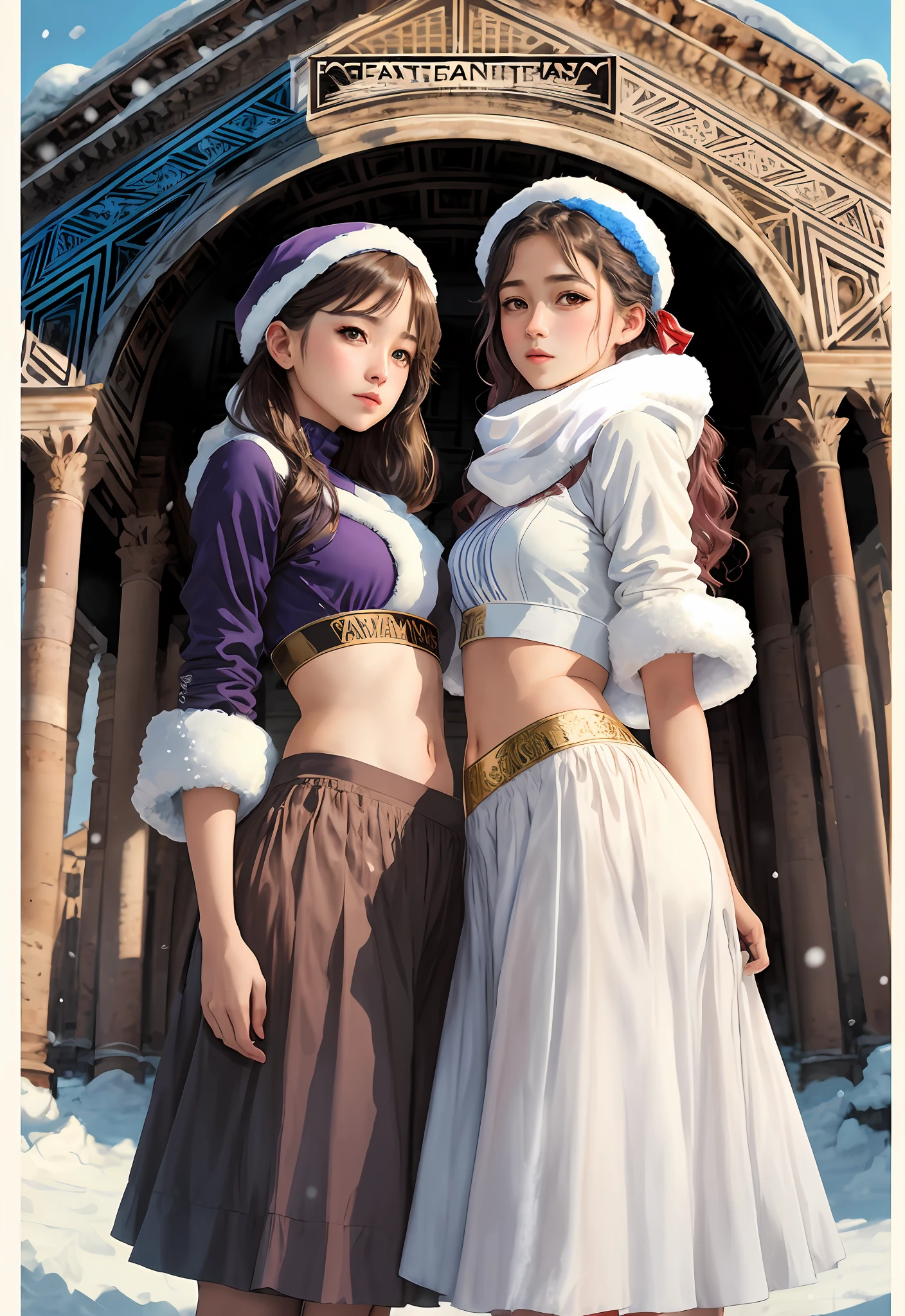 （Positive focus),2girls,duo,navel,(At the Pantheon in Rome,crowd,winter,Snowy),Surrealistic Female Portraits by David Hockney and Alphonse Mucha,Fantasy art,photograph realistic， Dynamic lighting，art  stations,poster for,Volumetriclighting,Very detailed faces,4K,Award-Awarded,Fantastic costumes,Deep shadows,low tune,cowboy lens， （official outfit：1.4）， looking at the camera in， Half-body shot，（（Realistic face））），