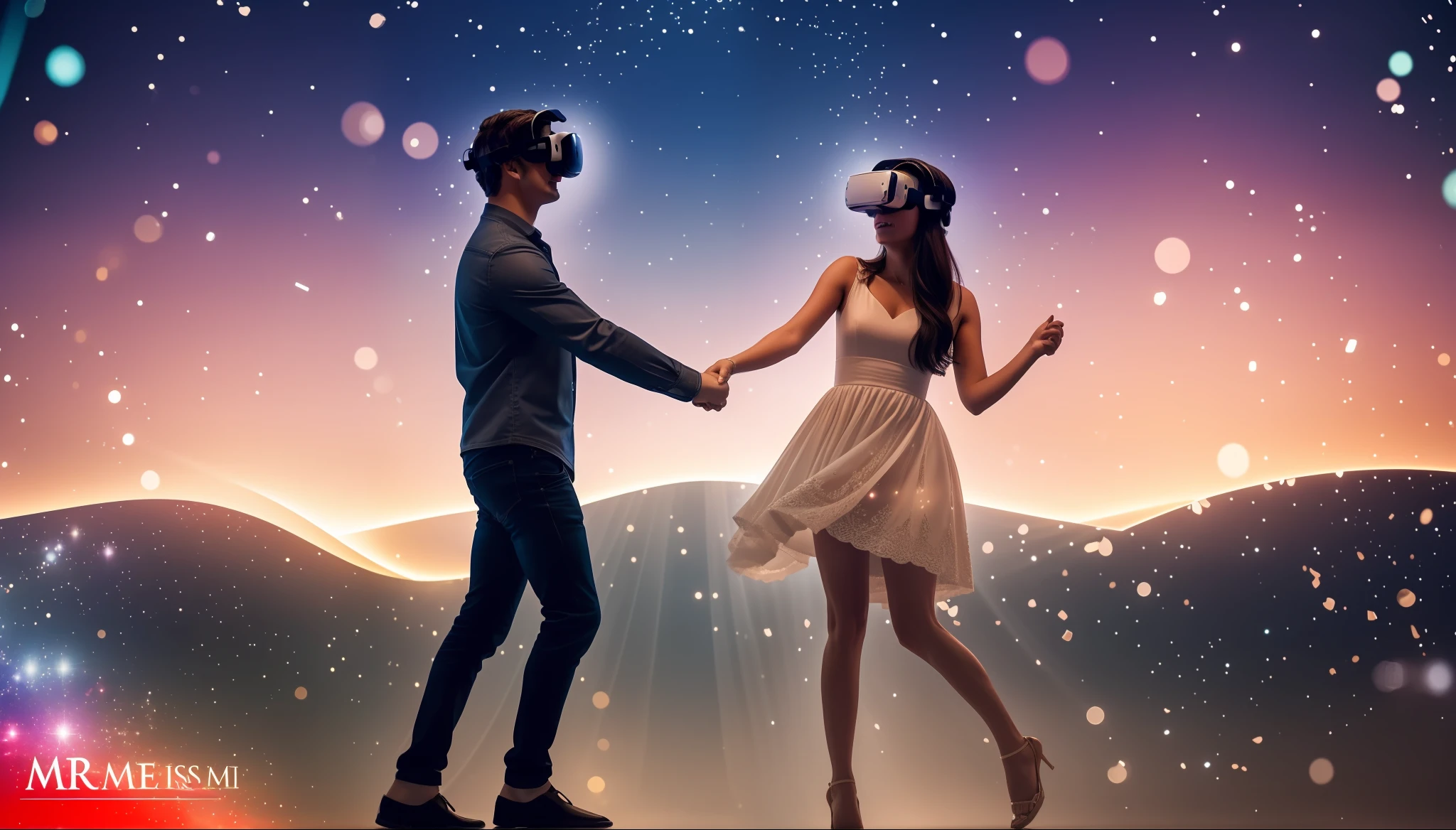 Create a scene of a romantic couple in a virtual reality experience. They are dancing under a starry sky, surrounded by bright lights and a magical atmosphere. The emotional connection between them is so real that they can feel each other's presence, mesmo que estejam fisicamente separados.