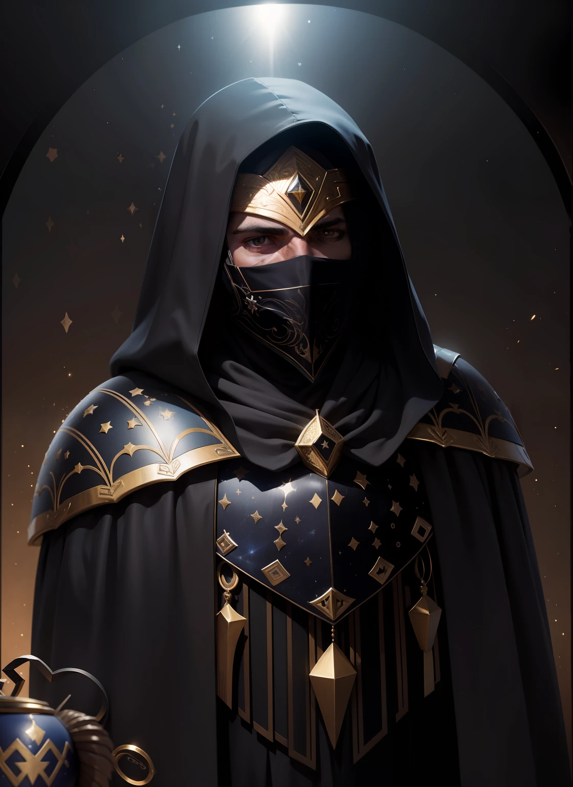 Um homem em uma noite somrbria e estrelada, ele usa um capuz e ombreira armadrada. His face is covered by an oak wood mask. In this mask there is room for your shining eyes and your vampiric smile. He possesses a kind of square priestly pallium/triangular e largo feito de cristais, ossos e plumagem. --auto