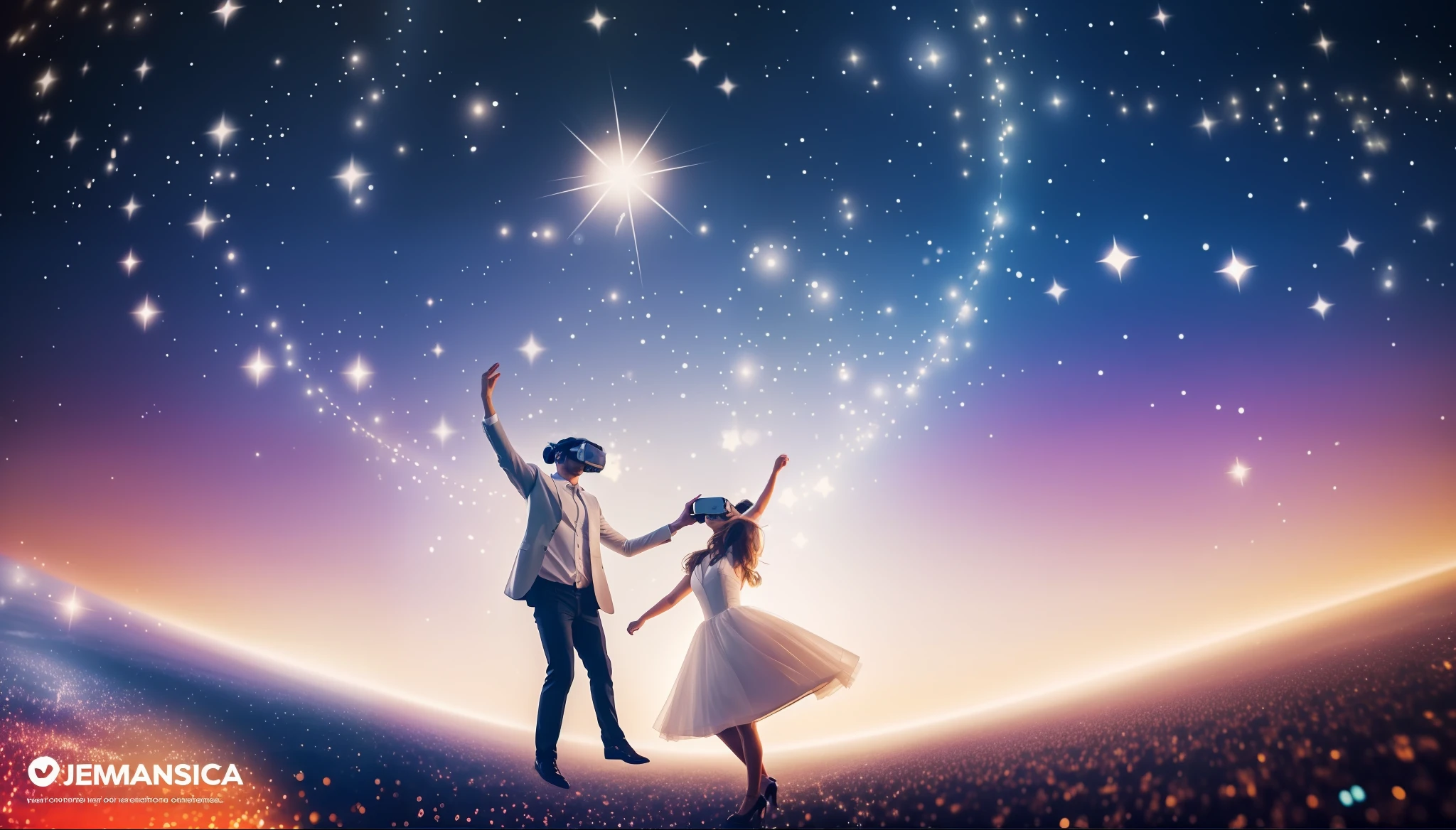 Create a scene of a romantic couple in a virtual reality experience. They are dancing under a starry sky, surrounded by bright lights and a magical atmosphere. The emotional connection between them is so real that they can feel each other's presence, mesmo que estejam fisicamente separados.