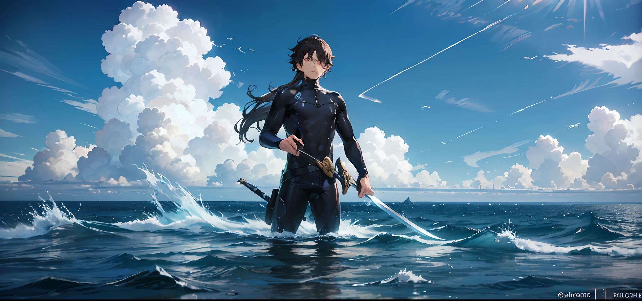 Anime scene of a man in a wetsuit in the ocean, screenshot from black clover, anime vfx, stunning vfx, Makoto Shinkai. rendering by octane, Makoto Shinkai. —h 2160, a sorceress casting a ice ball, anime bullet vfx, sword and wand – water, Ayaka Genshin impact, from bravely default ii --auto