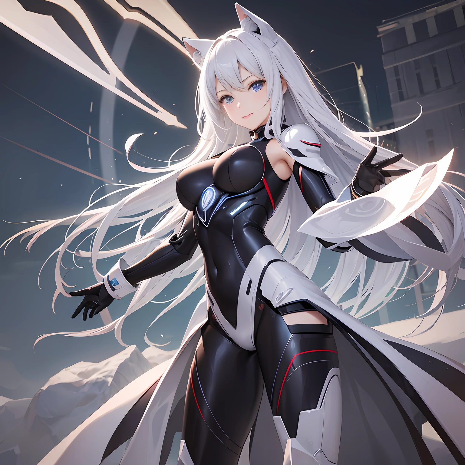 best qualtiy、tmasterpiece、超高分辨率,verism style,cold light,Realistic lighting,RAW photogr,1girll,facing at the camera,Long white hair smiling,delicated face,The body is curvy,Perfect anatomical physique,Full body photo,detail-rich,standing on your feet,tightsuit,mechanical mecha,Magical technology,high high quality,Hands are naturally open,Beautiful posture,Magic Tech Mecha Moto。 --auto