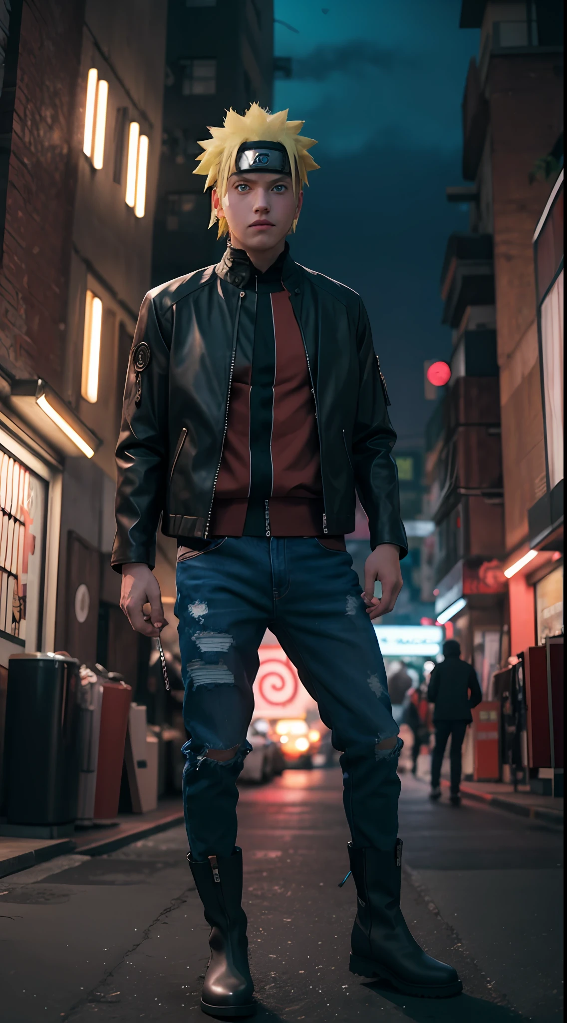 portrait, neon, 1 boy, shonen style, spiky blonde hair, scratches on cheeks, black and red clothing, leather jacket, jeans, boots, bandana with leaf symbol, perfect eyes, cool, blue eyes, full body, color --name Naruto Uzumaki --night background city with futuristic buildings and holograms