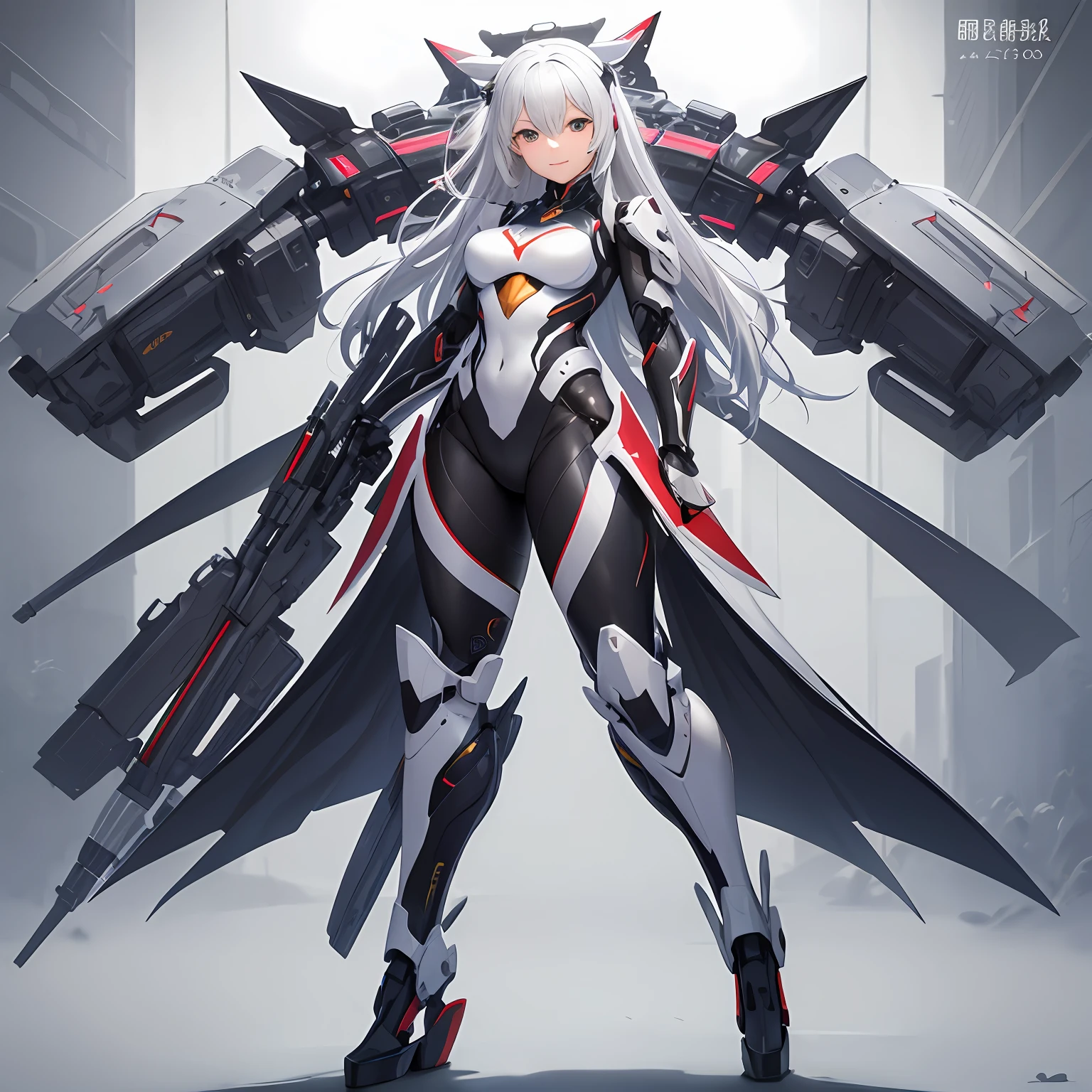best qualtiy、tmasterpiece、超高分辨率,verism style,cold light,Realistic lighting,RAW photogr,1girll,facing at the camera,Long white hair smiling,delicated face,The body is curvy,Perfect anatomical physique,Full body photo,detail-rich,standing on your feet,tightsuit,mechanical mecha,Magical technology,high high quality,Hands are naturally open,Beautiful posture,Magic Tech Mecha Moto。 --auto