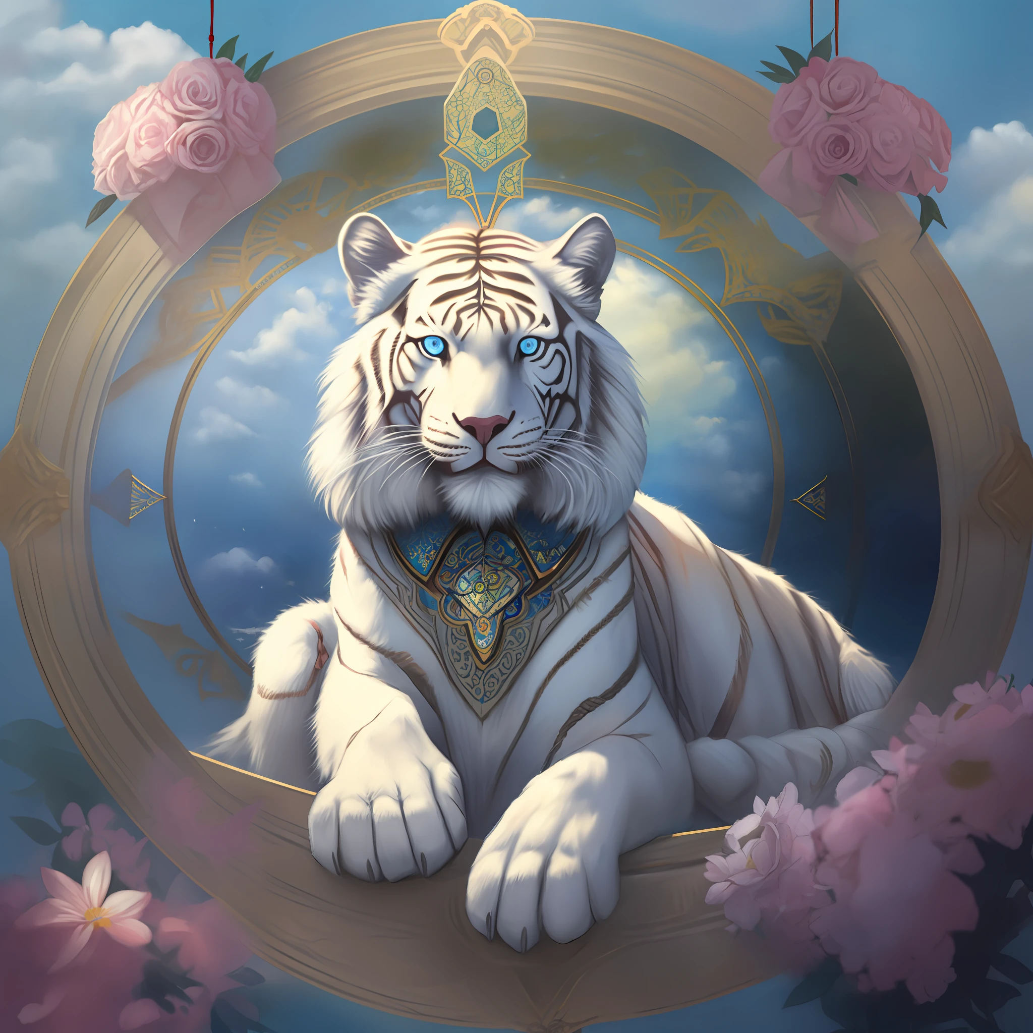simulating_clock, art_nouveau, bandagens, hanging lantern, chies, UHR, Dory, firey, florals, gear wheel, magic_circle, Male_Focus, No_Humanity, Painting_\(The object\), pentacle, Realistis, Roman_the number, rosette, Sat down, 独奏, Sun_symbol, White_Flower opens her mouth