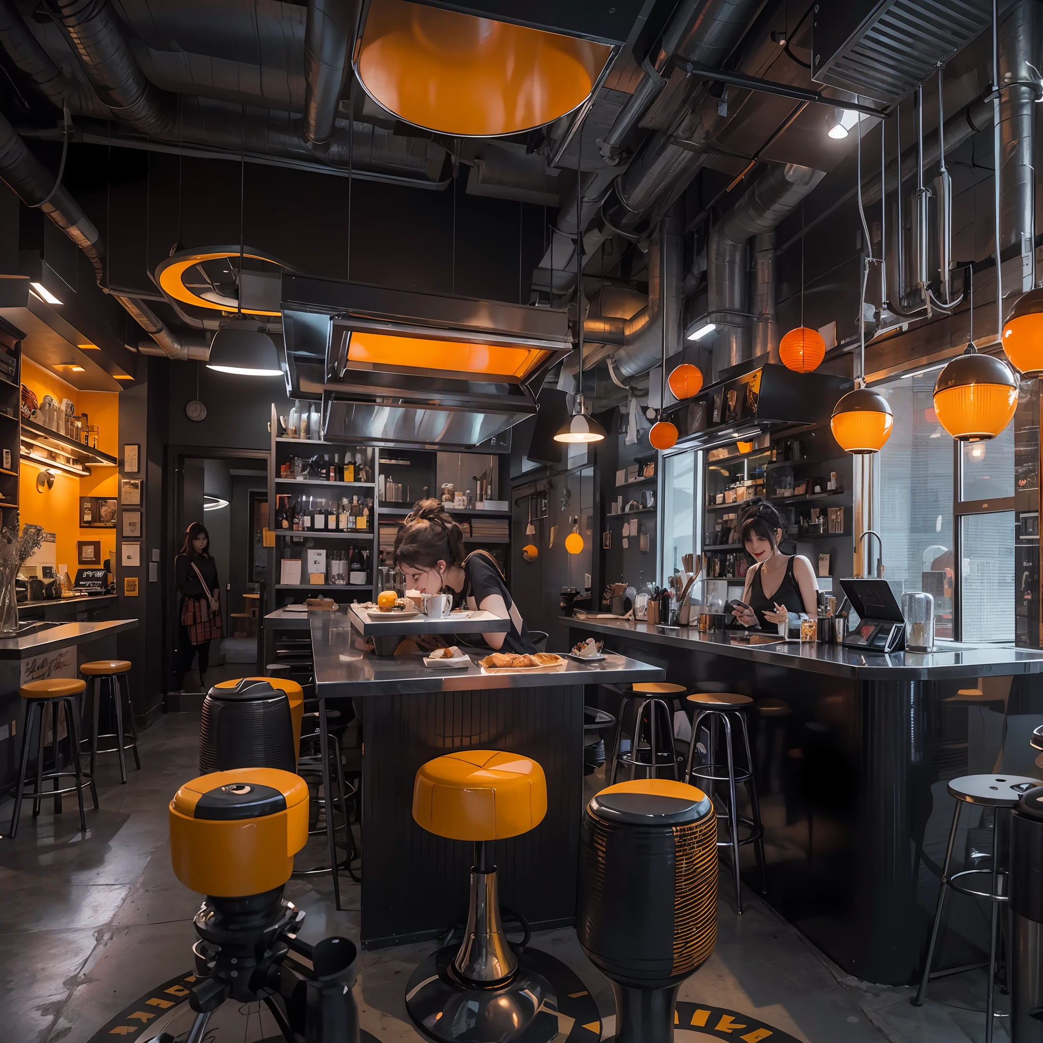 Best quality，tmasterpiece，Ultra-high resolution fills the picture，Indoor at night，Cafe in the sky,Orange color scheme for the café,There was coffee and wine,the night,inside in room，Coffee machine,Coffee lockers,Orange neon color scheme,Silver-white hair，Black fashion clothing，Orange and black matching outfits,boxer，Cafe beautiful girl，cyberpunk backgrouns,The background is colorful，Lateral face，Smiling，Various laid-back poses，Perfect makeup，Love eyes，8K quality，cyber punk perssonage，sense of science and technology，Character backlighting，rim-light，Movement changes，Flowing hairstyle，Loose hairstyle,The number of fingers is refined，The most beautiful girl in mankind，Wear a headband，Luminous accessories,Luminous earrings,Wear delicate accessories,Delicate close-up of the face，Realistic image quality，Super light and shadow，Very good figure，Meticulous，Have a cup or coffee on the roof in the evening，Very good figure，Raised sexy,luminous,Cool，Very stylish café,Cafe at night,Ray gorgeous,Have food,Laugh happily,