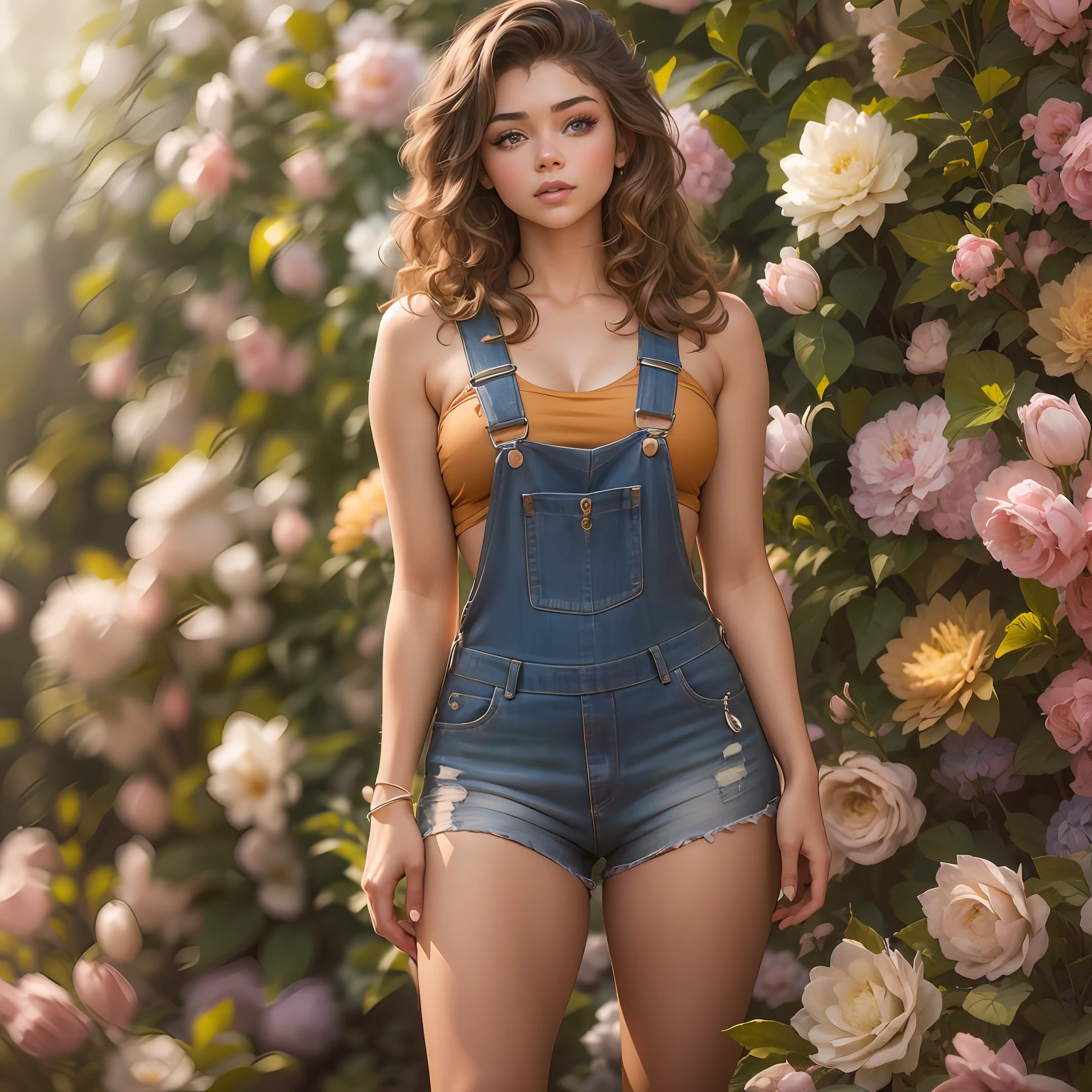 Gorgeous 19 year old girl ("Sarah Hyland"), voluptuous body, overalls only, (nearly without clothes:1.3), Hyperrealism, bloom, UHD, best quality, highres, high details, 8k
