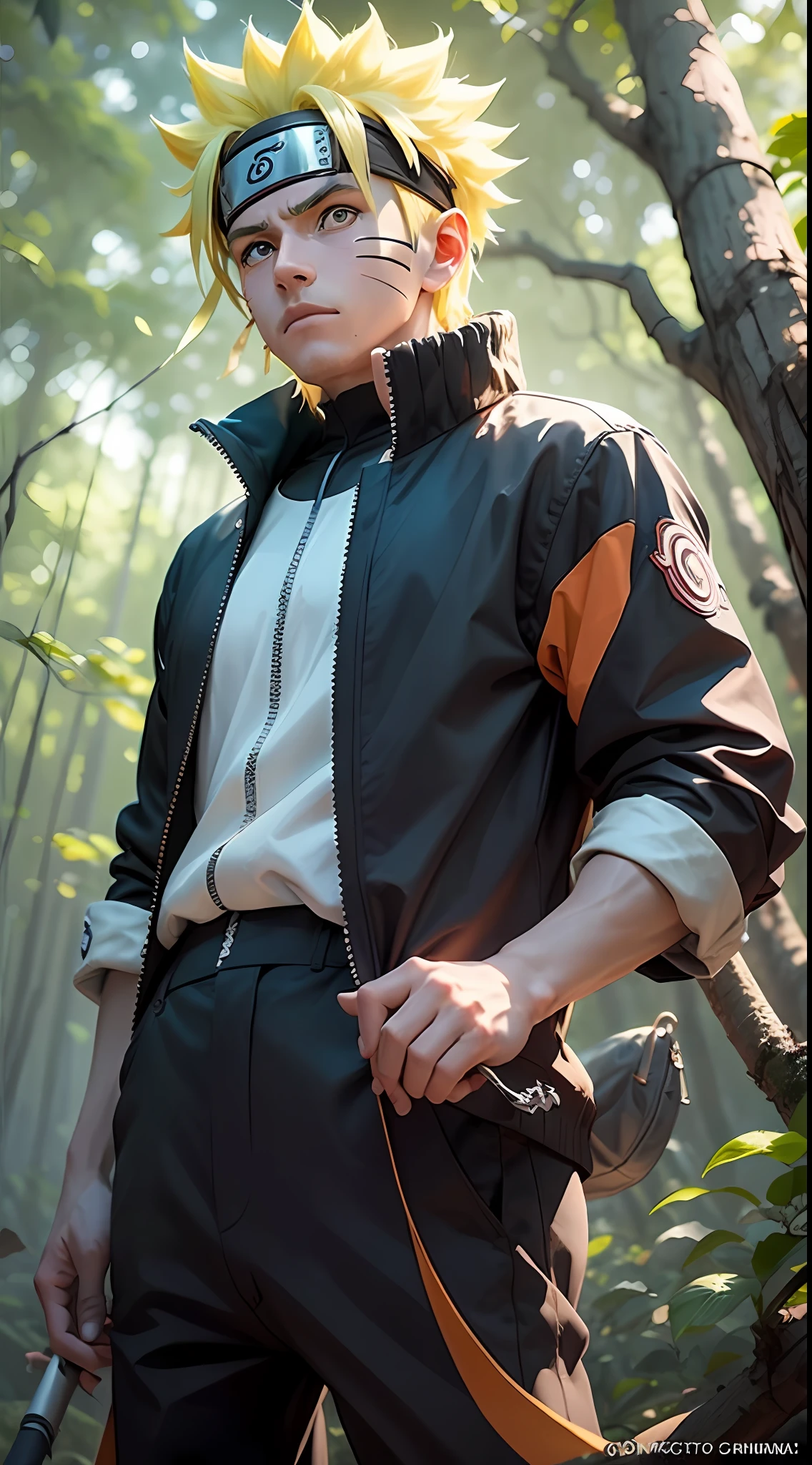 de corpo inteiro, brilhante, um menino de cabelos loiros, olhos azuis e rosto marcado por bigodes semelhantes ao do naruto uzumaki, wearing a black jumpsuit with orange stripes and a black jacket, Holding Shuriken in the palm of his left hand, Standing on a tree branch in a forest, a mark on the palm of your left hand that resembles a diamond with four triangles around it, 4k, anime