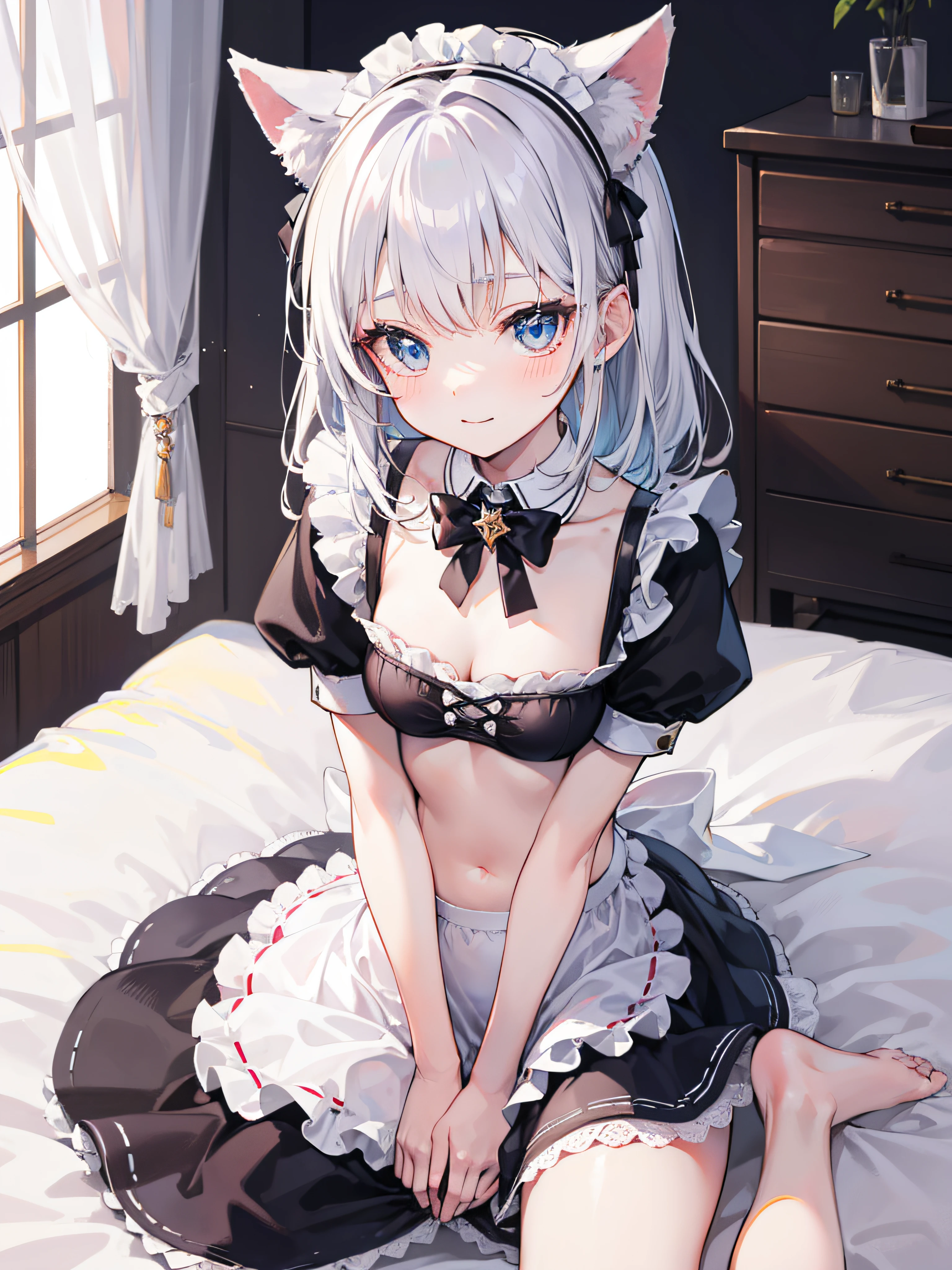best quality, ultra precision, one girl, blue eyes, white hair, young, loli, cute, maid, maid costume, blush, natural smile, teenager, cat's ears, small breasts, look up at you, cleavage, pure, obedience, sitting, sit gracefully, put hands between legs, shy, on bed, scrounge, affectionate, like a younger sister, navel