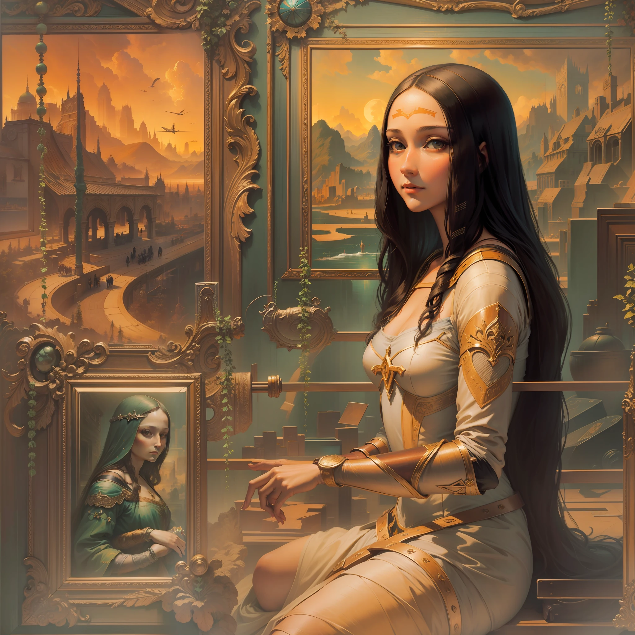 quadro Monalisa [Leonardo Da Vinci], inside the frame behind Monalisa is a background of Souls Like scenery, Monalisa is in cyberpunk style [Syd Mead 0.75],