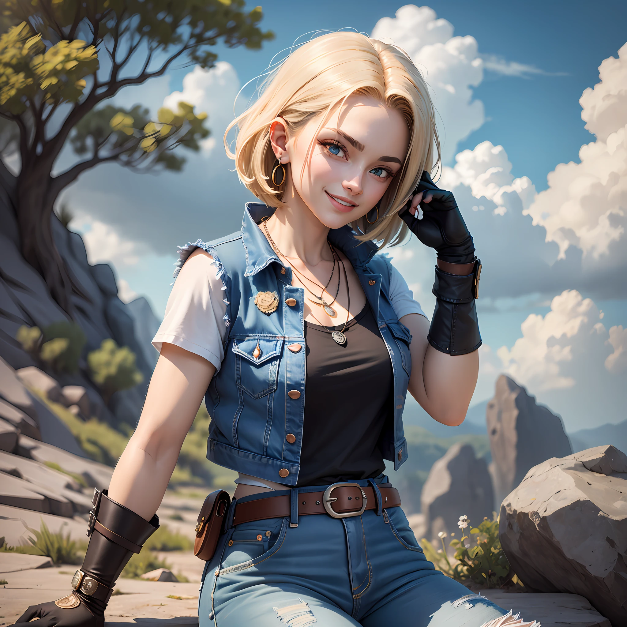 masterpiece, best quality, ultra-detailed, absurdres, Portrait of beautiful Android18DB, solo, earrings, jewelry, denim, smile, belt, vest, cloud, sky, day, pants, outdoors, gloves, necklace, jeans, rock, sitting, sitting_on_rock, volumetric lighting, best quality, masterpiece, intricate details, tonemapping, sharp focus, hyper detailed, trending on Artstation,