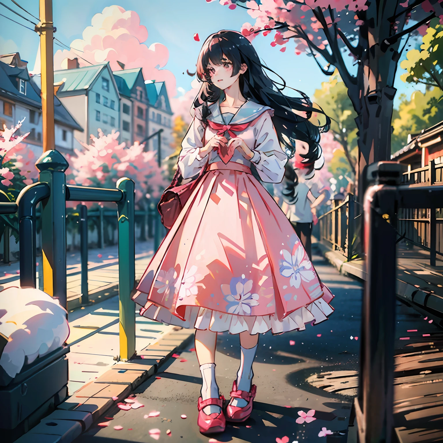 one-girl，Long curly blue hair，Fluffy floral dress，Pink shoes，In a school playground，Block the sun with your hands