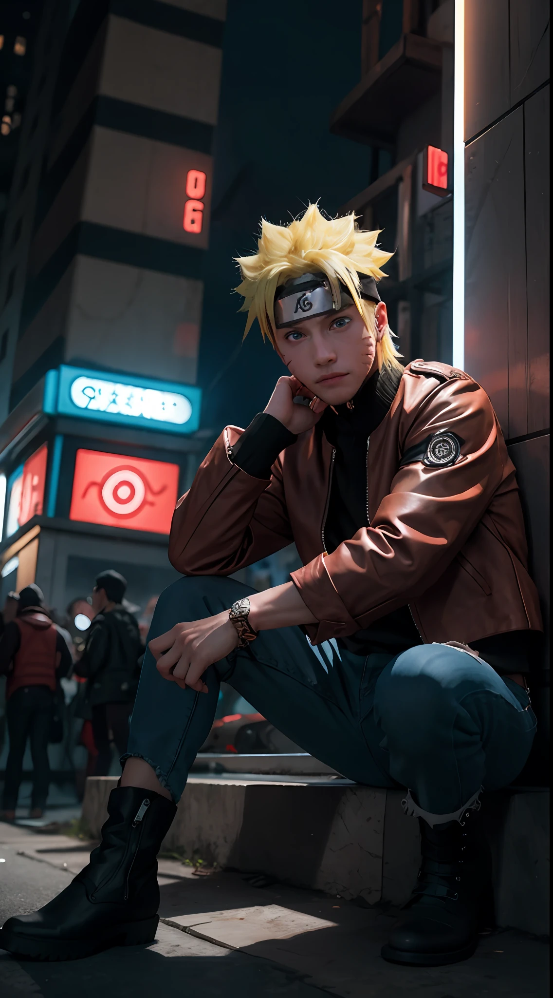 portrait, neon, 1 boy, shonen style, spiky blonde hair, scratches on cheeks, black and red clothing, leather jacket, jeans, boots, bandana with leaf symbol, perfect eyes, cool, blue eyes, full body, color --name Naruto Uzumaki --night background city with futuristic buildings and holograms