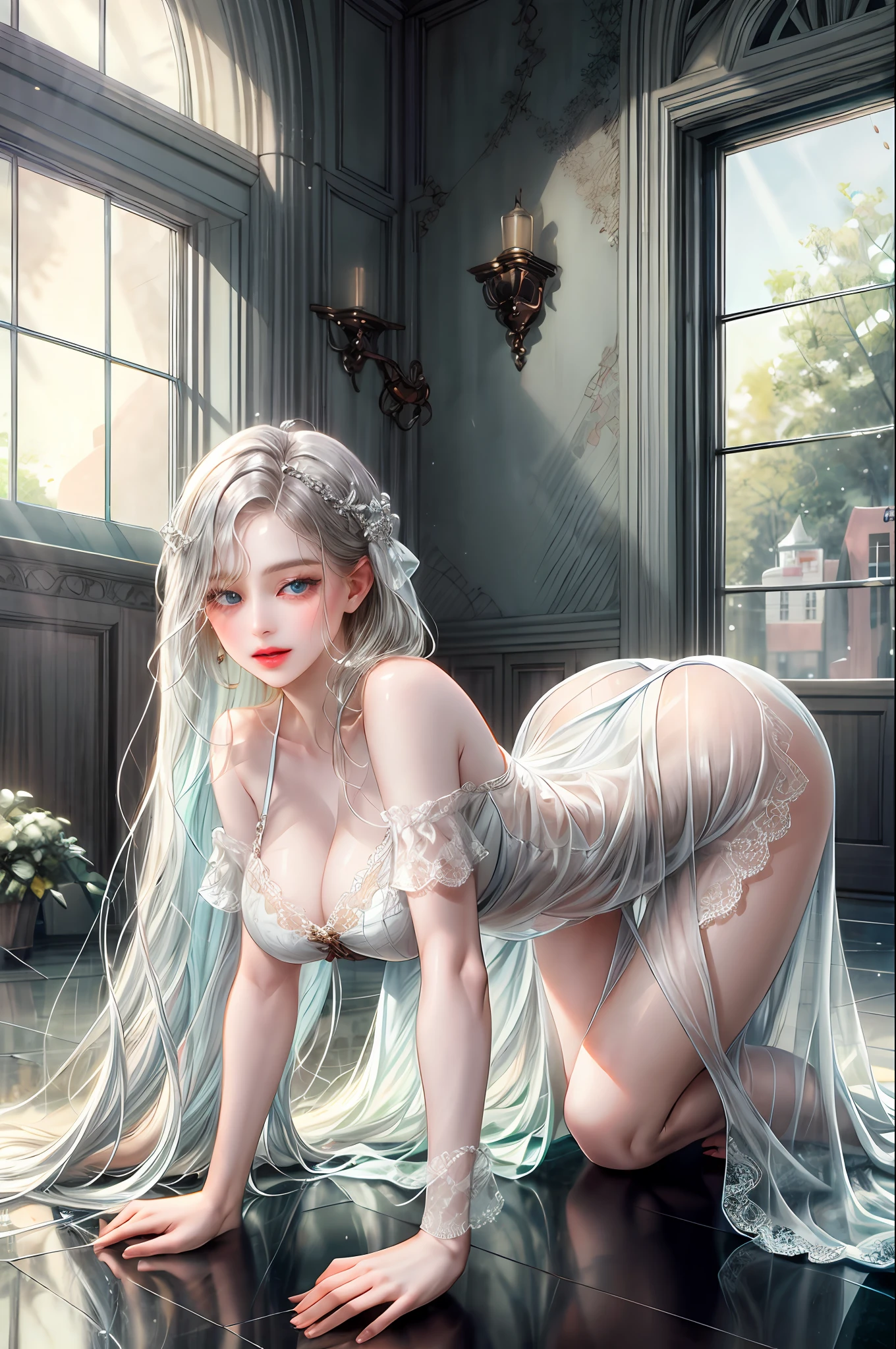 Long Straight（silber hair）（eBlue eyes）， beautiful，being thin，lichen，highr（wearing a white sheer dress）perverted gal），A long hair，Another showoman，（（white see-through-blouse，There is no black miniskirt）），Underwear is bitten，sexyposture，Thower body is slim，Back figure，gaze by the window，buttocks stickingthe floor on all fours，Hips with their backs to each other，provocation，Full-figured