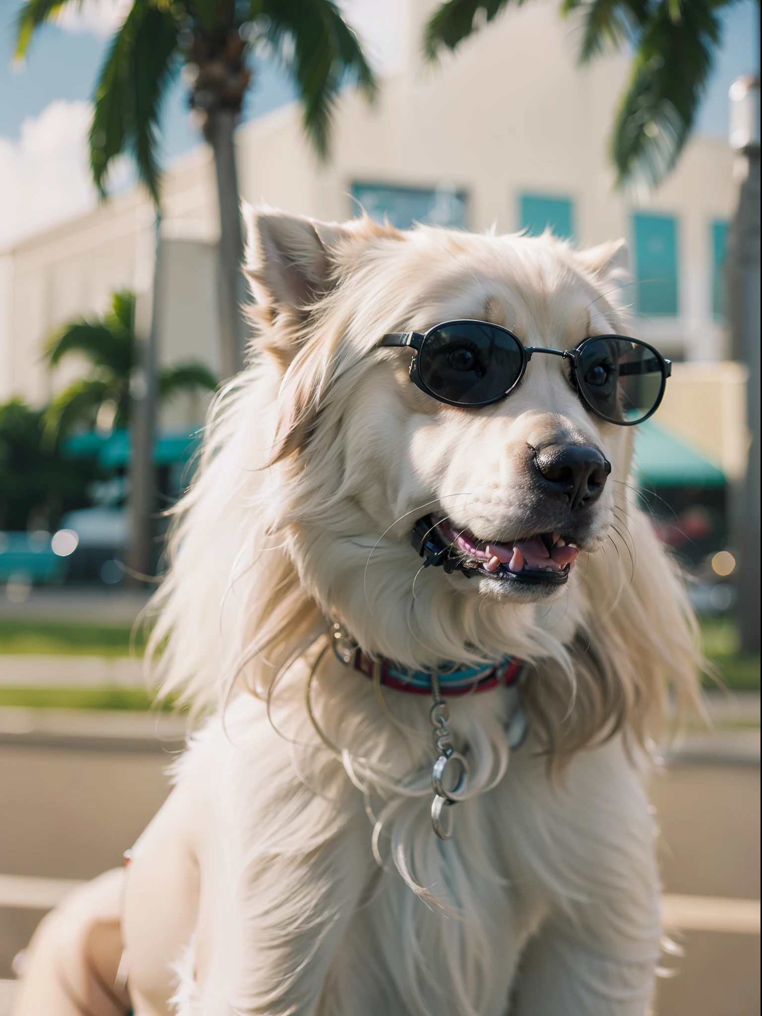 Shot of Vaporwave fashion dog in miami,cinematic