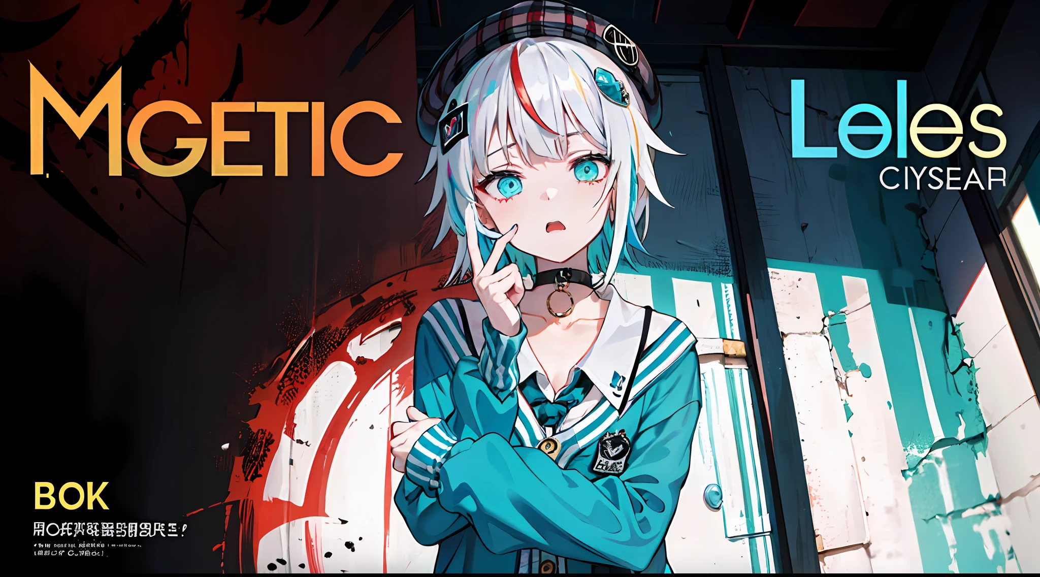 (((Dramatic)))、(((gritty)))、(((vehement))))The poster of the film appears as a central character。She is shy in the center of the poster、Wearing an idol costume、Has a determined look。The background is dark and rough、I feel like I'm drunk。Text is bold and eye-catching、Catchy slogans add to the overall drama and excitement。The color palette is dominated by dark colors.、Bright colors dotted、Make your poster dynamic and visually impactful、Tachi- e(magazine:1.3)、(cover-style:1.3)、独奏, Red gradient streak hair, short-hair, white hair, lillie(Wakka), Black beret, plaid skirts, a choker, Cyan Sweater Jacket, shirt with collar, Black plaid tie, sleeves past fingers, bluntbangs、Fashionable、with a vibrant、outfits、the pose、the front、colourfull、Dynamic、Background with、element、self-assured、Expressively、ngel、statement、attachment、An majestic、coiled、surroundings、Touch、The scene、Texto、covers、boldface、grab attention、Titles、lo fashion、Font、Catchy、Titles、Large、grab attention、moderno、 Trendy、concentrating、Stylish、1 girl in,a miniskirt