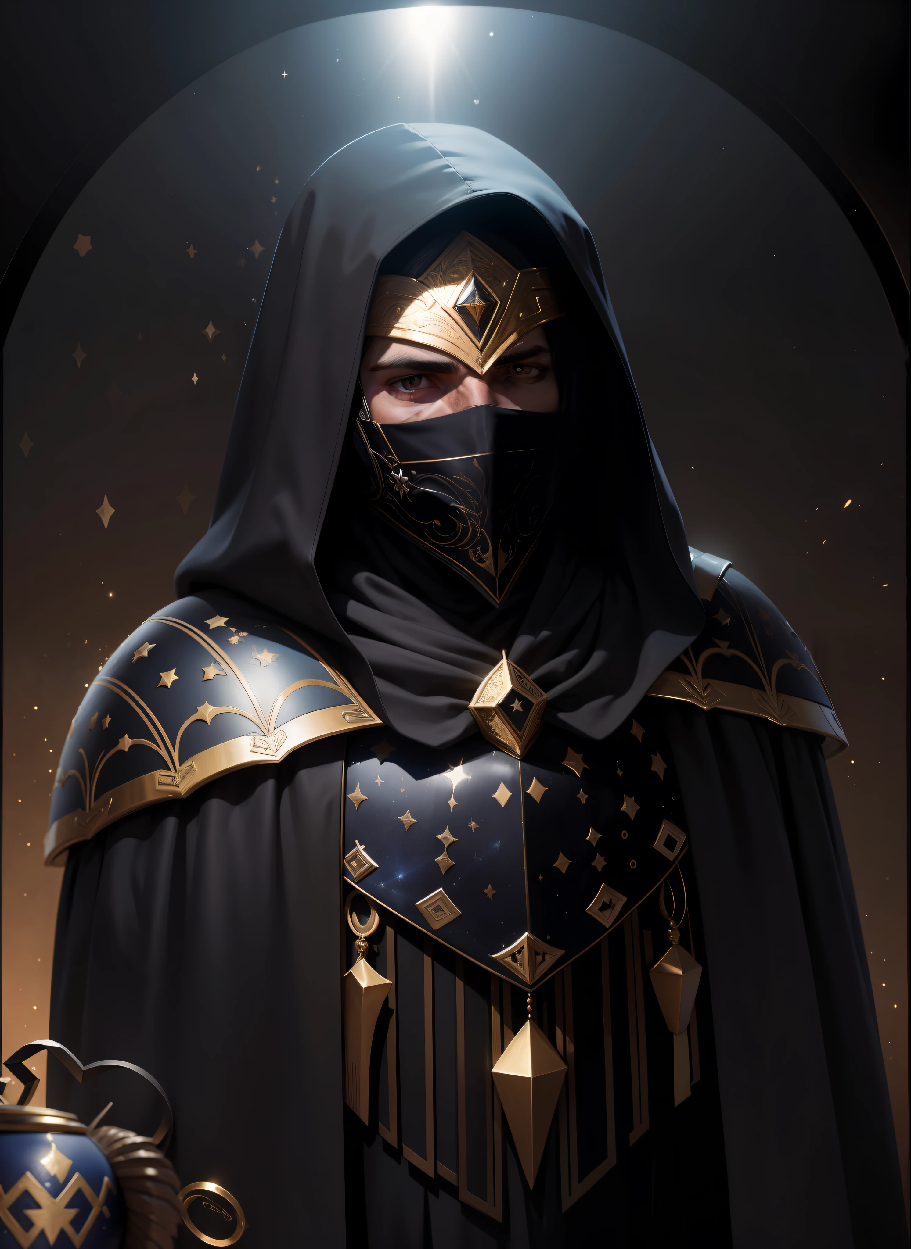 Um homem em uma noite somrbria e estrelada, ele usa um capuz e ombreira armadrada. His face is covered by an oak wood mask. In this mask there is room for your shining eyes and your vampiric smile. He possesses a kind of square priestly pallium/triangular e largo feito de cristais, ossos e plumagem. --auto