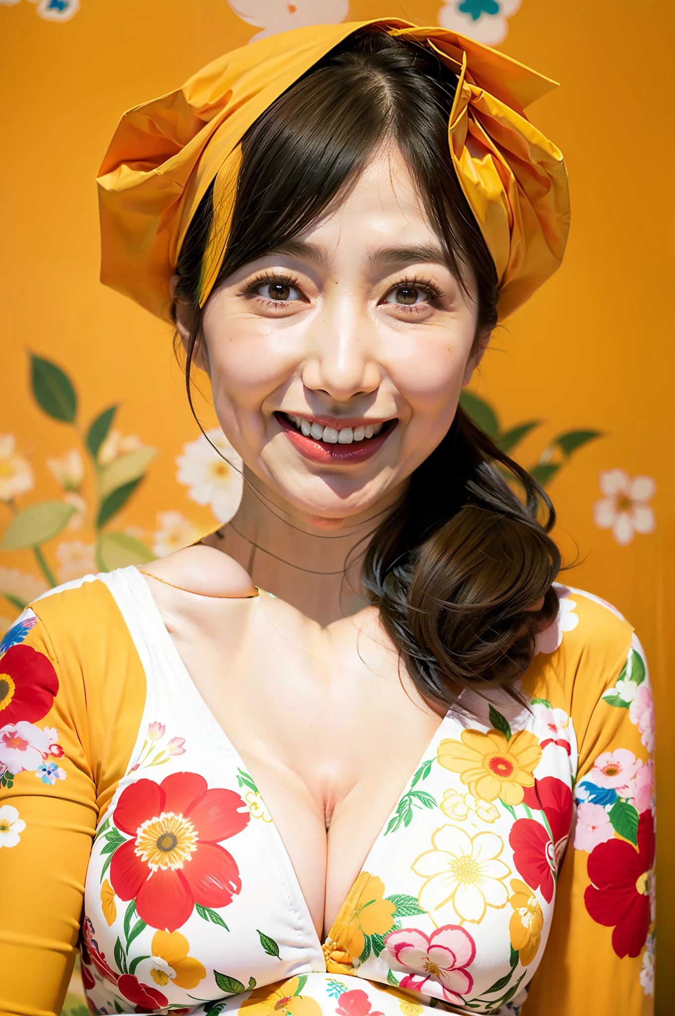 hight resolution, Original, (flat-colors:0.9),(colourfull:1.1),(masterpiece:1,2), top-quality, masterpiece, hight resolution, Original, highly detailed wallpaper, Viewer's Perspective, Solo, portlate, (A MILF), 68 years old, Mature Woman Body Set, Exposing breasts, showing teeth, Detailed tongue, Detailed mouth, Staring at this, Floral background, undergarment, (Mature), Natural wrinkles, ultra-realistic, Natural skin, Natural hair color,