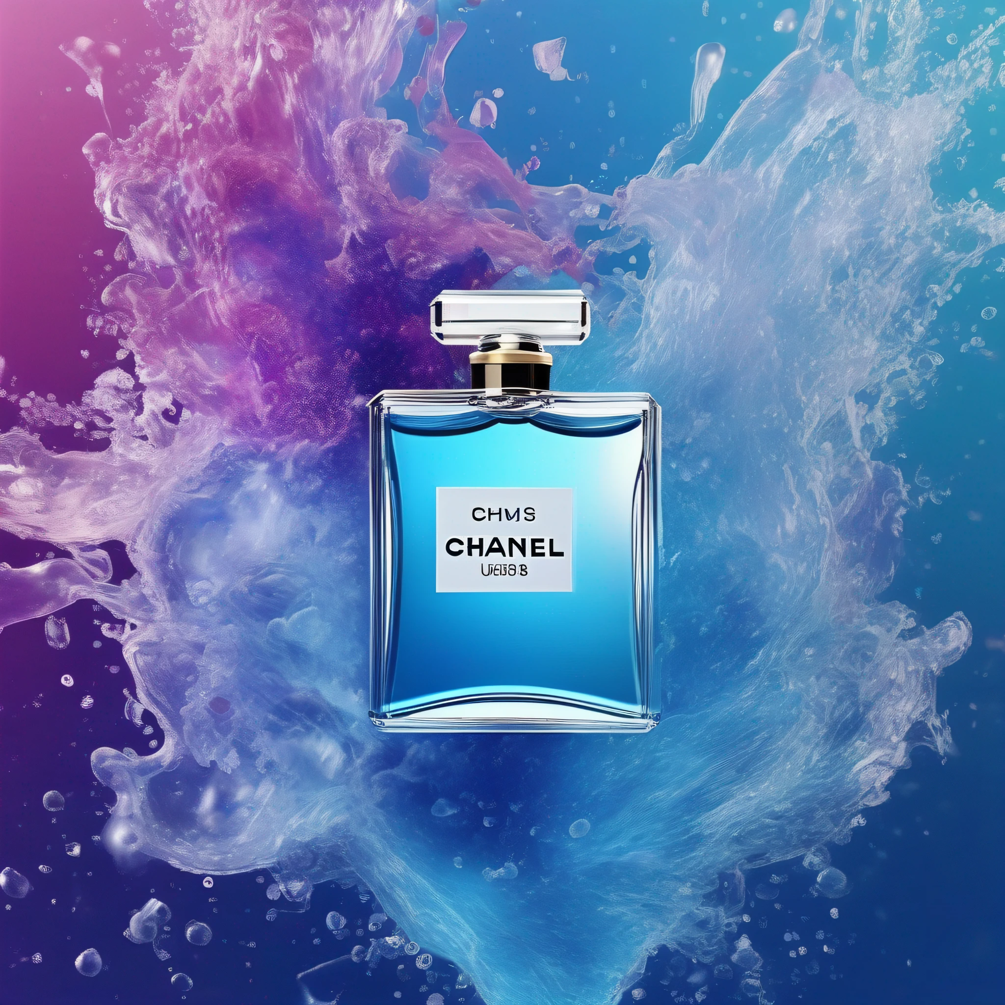 (best qualtiy,8k,32k,tmasterpiece,UHD:1.2)A Chanel perfume poster Complex background Colorful water Sense of luxury Quiet blue More details Staggered splashes Atmospheric Particle effects in multiple colors