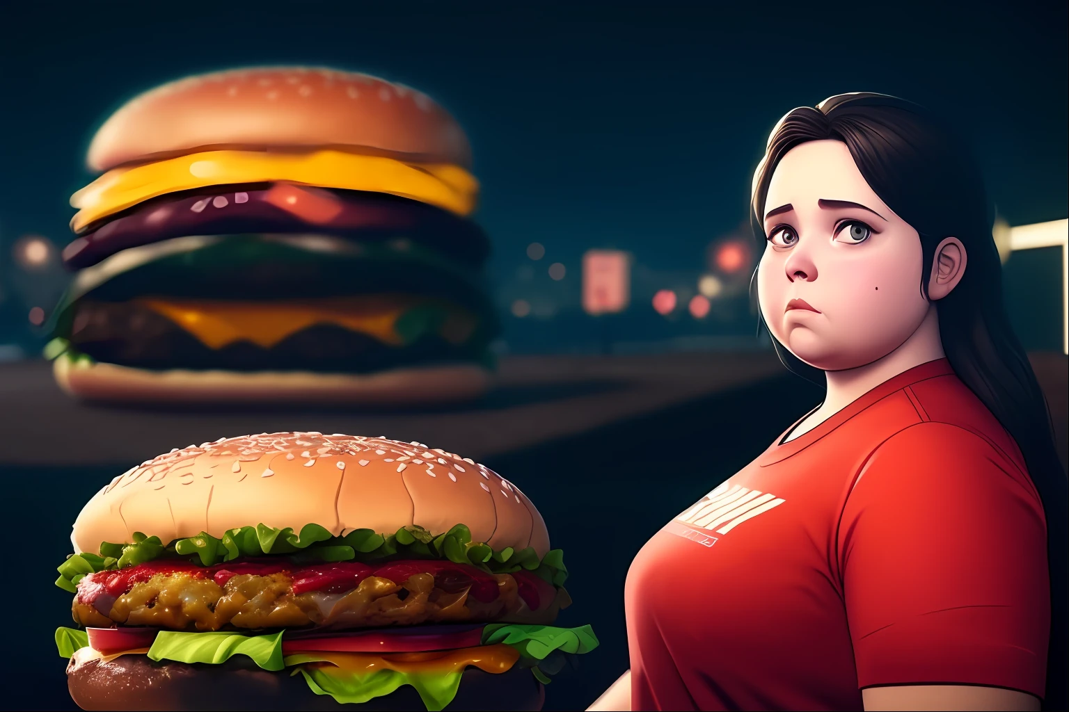 Araffe stands in front of a giant burger, imagem de comida super realista, arte de fundo, obeso, estilo de arte realista, fast food, obeso ), gta arte da tela de carregamento, eating burgers, 3 d epic illustrations, realista estilo 3d, heavy appearance, sobrepeso, Servindo Big Macs, operating on burgers, rolands zilvinskis 3d render art