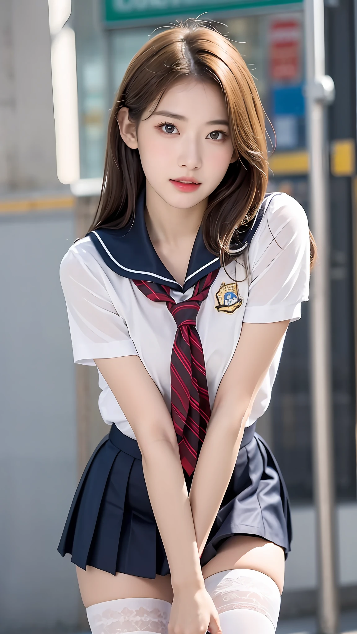 (best qualtiy,4k,tmasterpiece:1.2),Pretty Women,1girl,Raised sexy:1.1,Dark yellow hair:1.1,Woman in school uniform,Soaked school clothes,Super detailed face,Detailed lips,A detailed eye,二重まぶた,Miniskirt white stockings,Station capital