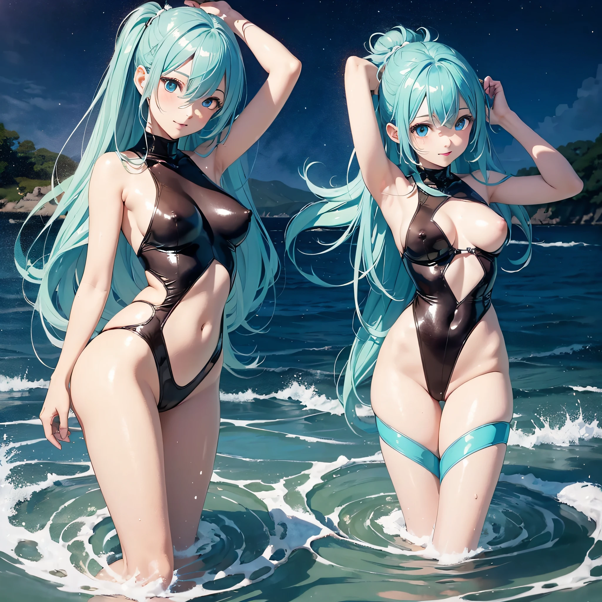 top-quality、Photorealsitic、An ultra-fine illustrations、beautiful attractive anime girl、miku hatsune、slenderbody、one girls、women's pictures、Full body shot、(perfect anatomia)、Beautiful blue eyes、ssmile、deep in the night、(Swimsuit with  and crotch showing through:1.1)、gentle waves、Calm sea、sky at night、(Dark background with only sea and sky)、