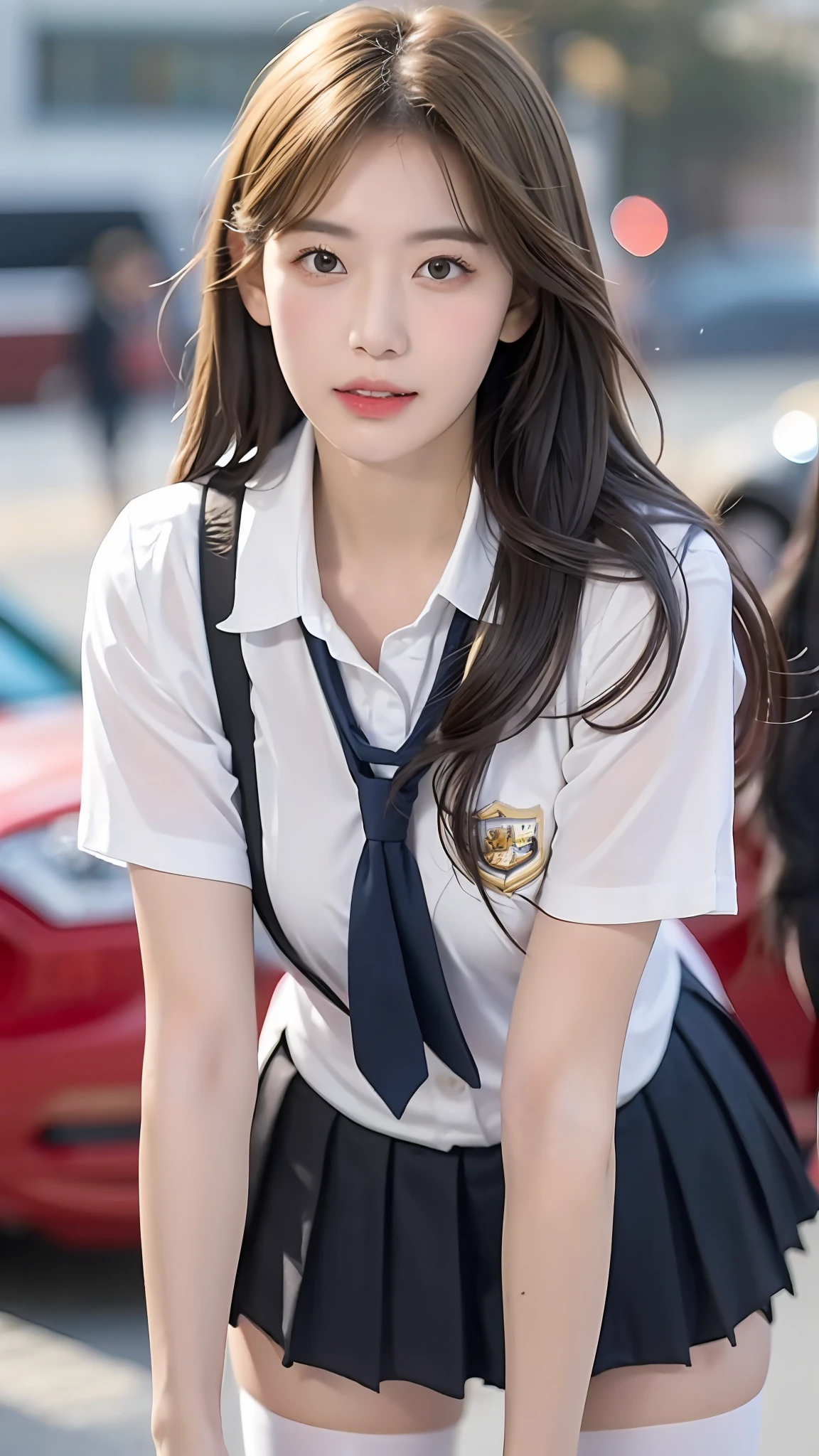 (best qualtiy,4k,tmasterpiece:1.2),Pretty Women,1girl,Raised sexy:1.1,Dark yellow hair:1.1,Woman in school uniform,Soaked school clothes,Super detailed face,Detailed lips,A detailed eye,二重まぶた,Miniskirt white stockings,Station capital