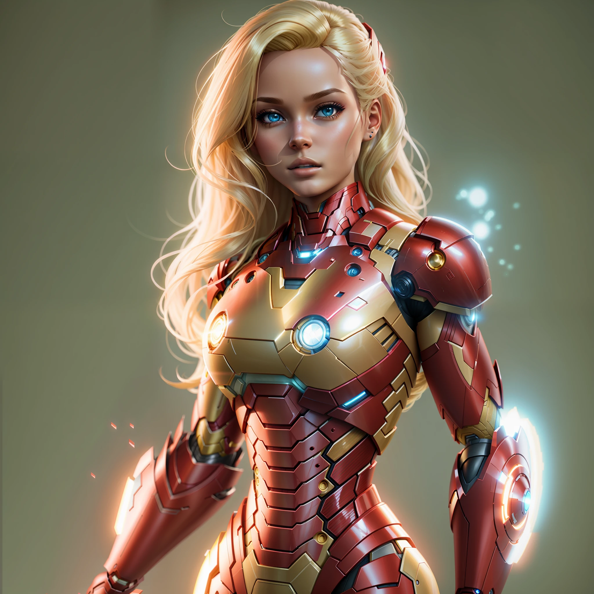 BARBIE doll, full body, iron man inspired, blonde hair, light skin, dynamic lights, soft tones, natural colors, cinematic, unreal 5, natural breasts, small,