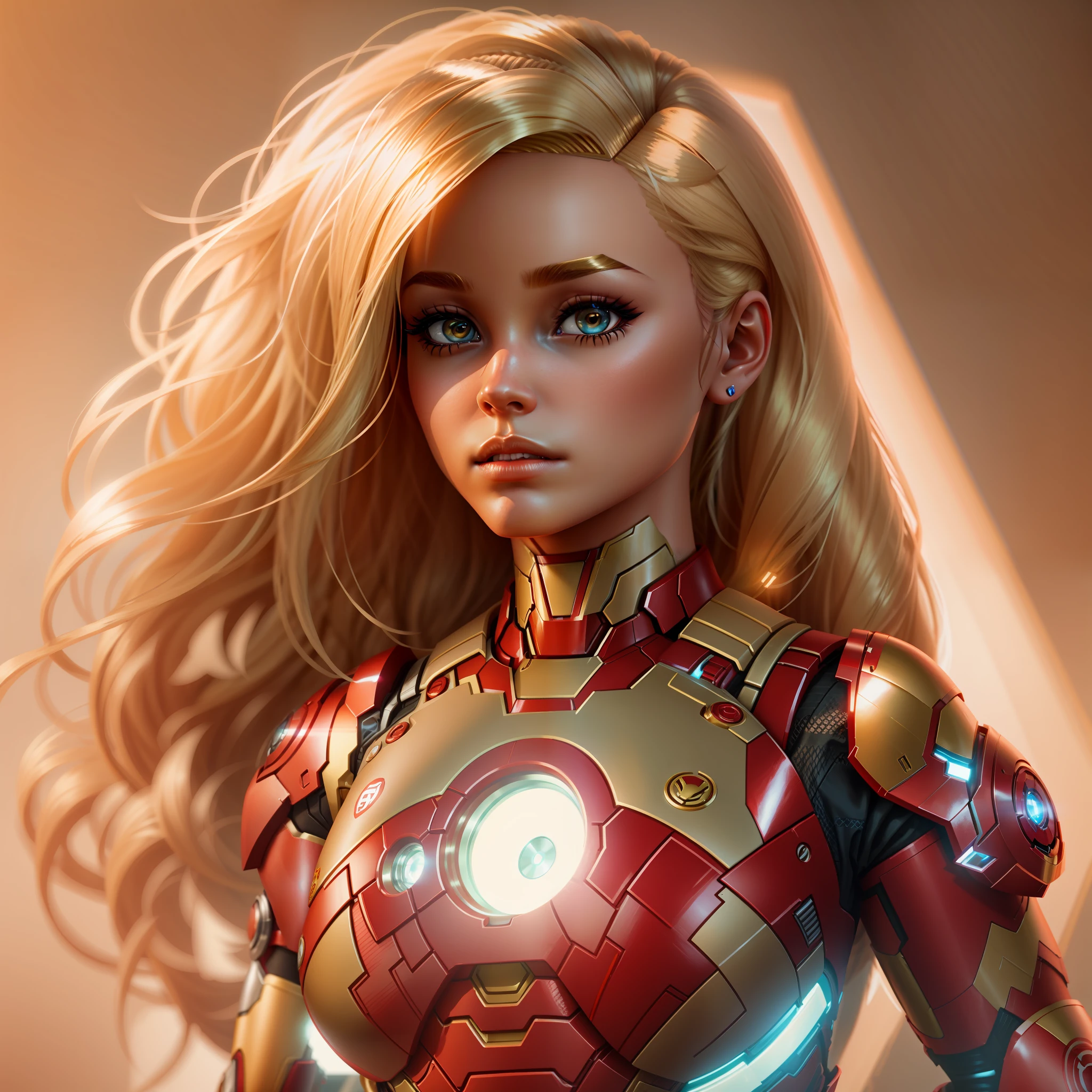 BARBIE doll, full body, iron man inspired, blonde hair, light skin, dynamic lights, soft tones, natural colors, cinematic, unreal 5, natural breasts, small,