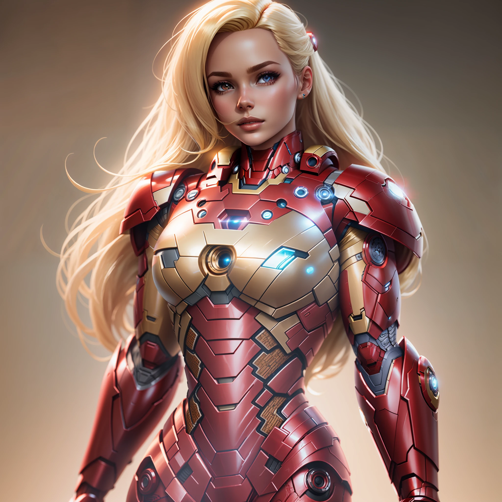 BARBIE doll, full body, iron man inspired, blonde hair, light skin, dynamic lights, soft tones, natural colors, cinematic, unreal 5, natural breasts, small,