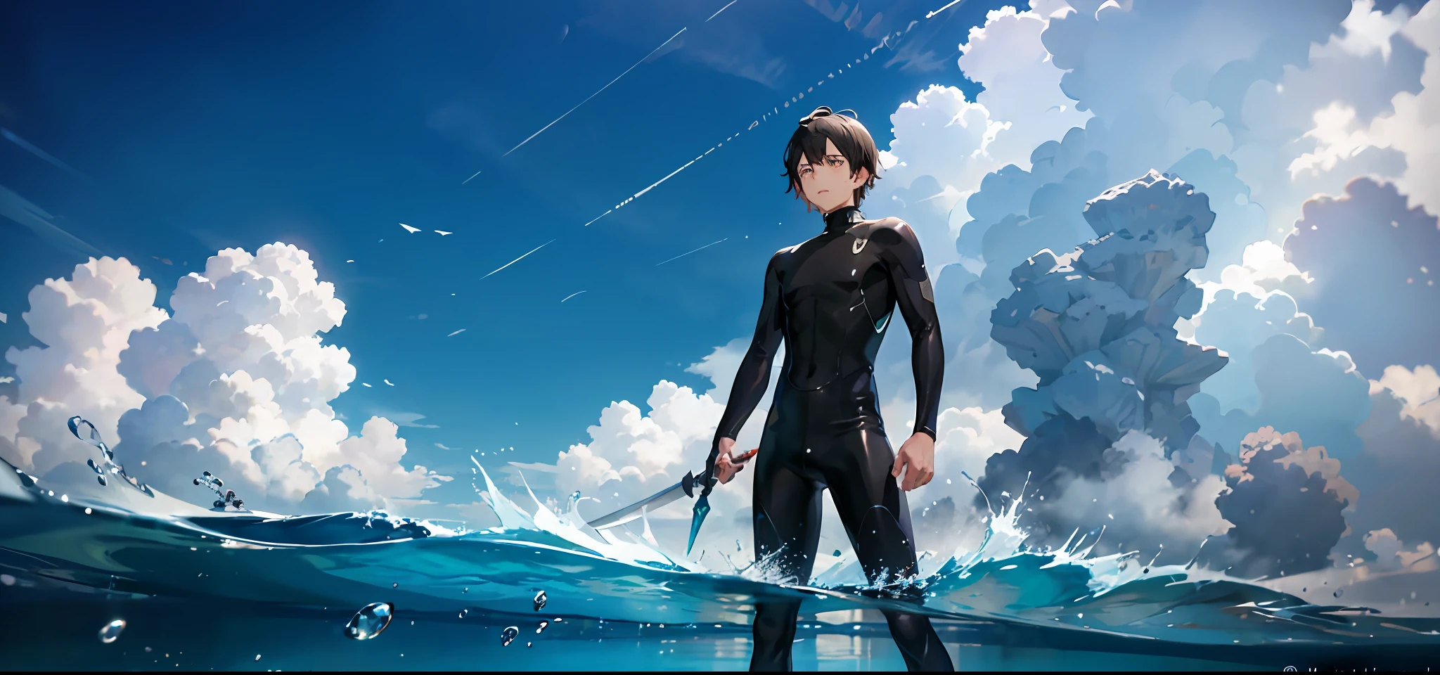 Anime scene of a man in a wetsuit in the ocean, screenshot from black clover, anime vfx, stunning vfx, Makoto Shinkai. rendering by octane, Makoto Shinkai. —h 2160, a sorceress casting a ice ball, anime bullet vfx, sword and wand – water, Ayaka Genshin impact, from bravely default ii --auto