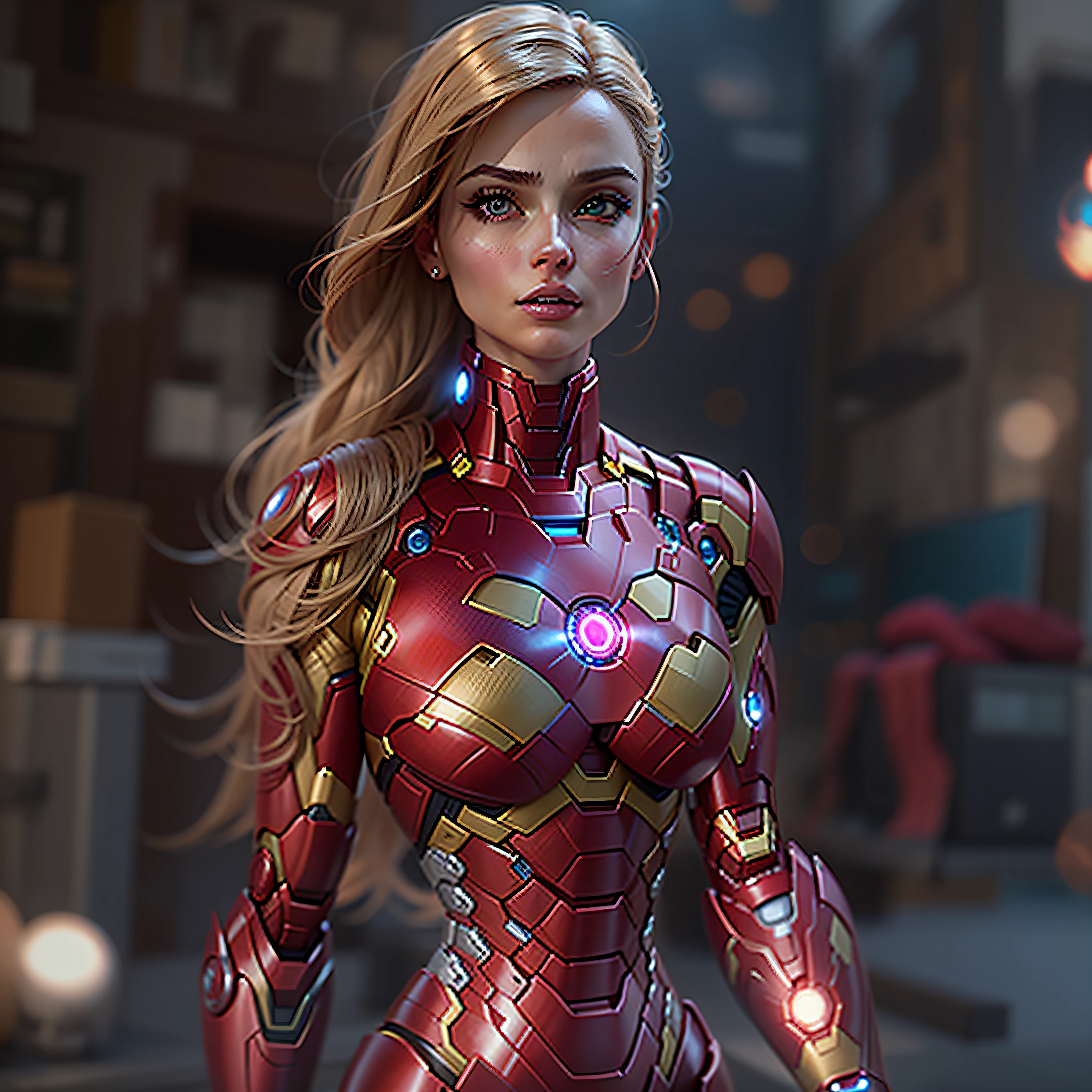 mulher, corpo inteiro, estilo boneca BARBIE, (USANDO CASACO DO IRON MAN), loira, pele clara, dynamic lights, tons suaves, cores naturais, cinematico, unreal 5, seios naturais, Average,