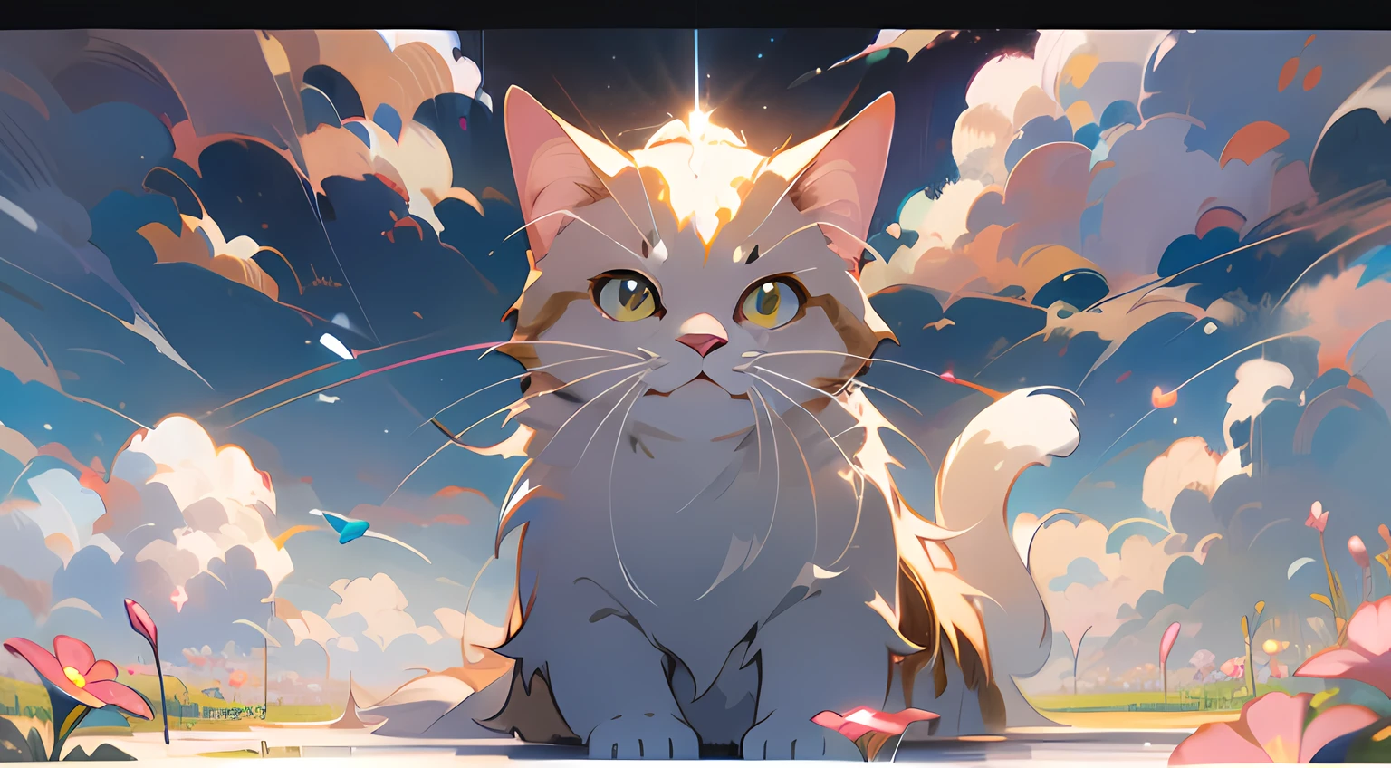 Cute white puppet cat, Hayao Miyazaki dream style, surrealist animal illustration, outdoor, sky, white clouds, bow, flowers, meiji art, light color color painting, rich layers, realistic figurative painting, realistic hyper-detail portrait style, neo-traditional japan, soft edges, fantastic illustration, (very detailed CG unity 8k wallpaper), clean background, natural light, best quality, hyperdetail