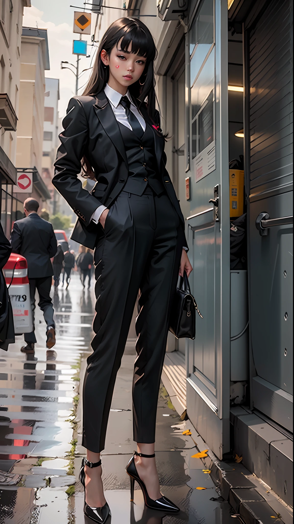 the best quality masterpiece，A woman with long hair and bangs，wearing full black suit，Look at black high heels，school environment