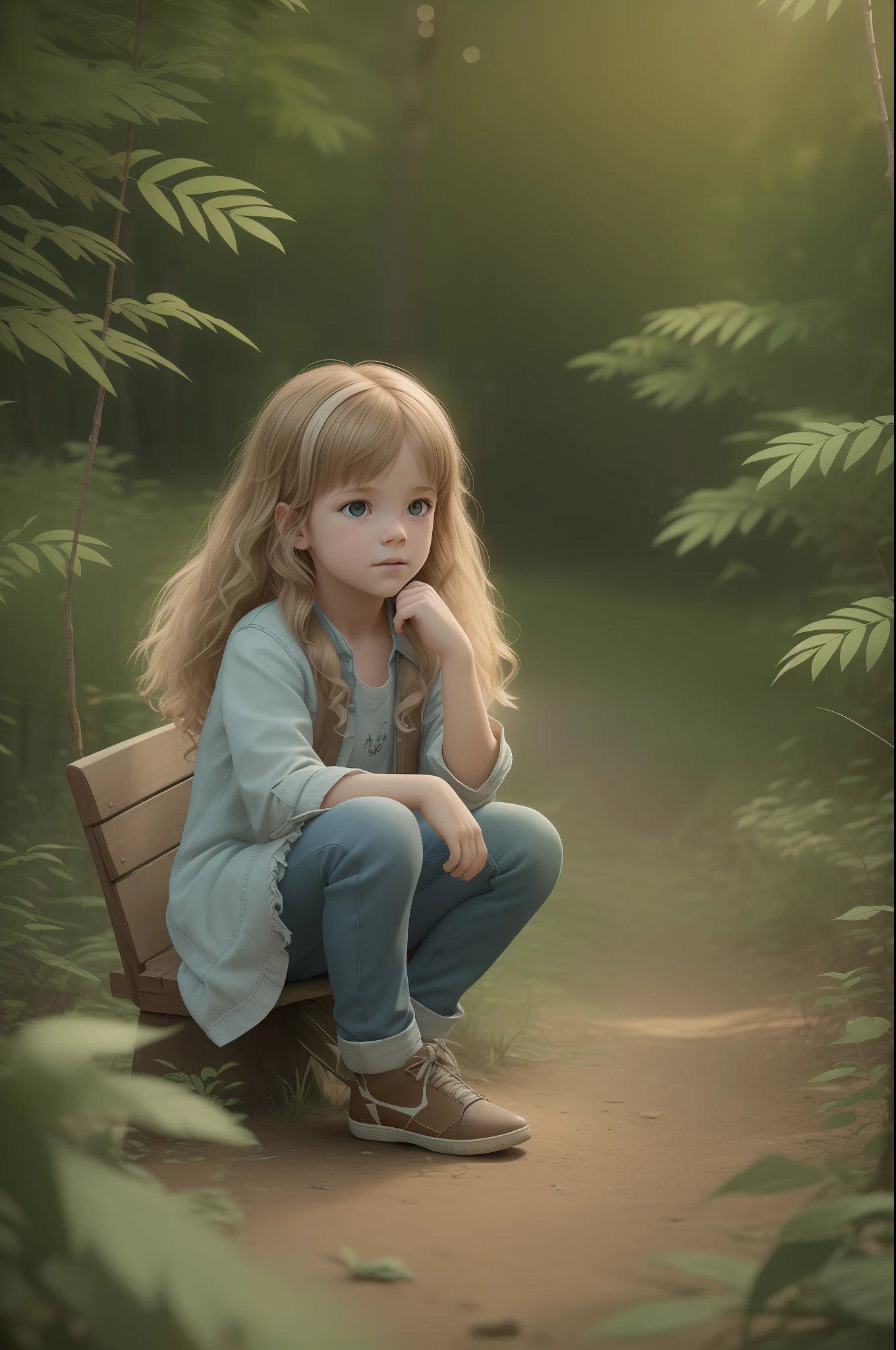 a photorealistic, 8k, HD cinematography in Unreal Engine. The scene features a cheerful and realistic six-year-old child. The child is chubby, with fair skin and long, straight blonde hair that has curls at the ends. They are seated in a wooded forest filled with flowers, facing away from the camera and looking up at the sky, engaged in a conversation with God. The composition is epic, utilizing ultra-wide-angle shots and depth of field effects to highlight the hyper-detailed and intricate details of the surroundings. The lighting setup includes a mix of natural lighting and moody lighting, creating beautifully color-coded visuals that accentuate the ambiance of the environment. The use of global illumination, ray tracing global illumination, and screen space reflections adds a touch of realism and depth to the scene. Optical fiber and scattering effects enhance the glowing and shimmering elements in the forest. Additional visual enhancements such as chromatic aberration, ray tracing reflections, and cinematic lighting techniques bring an elegant and hyper-realistic touch to the photograph. The child's dynamic pose and contemplative expression are captured with precision, showcasing the child's connection with the divine. The final result is a beautifully color-graded image, presented in 8k resolution with a 16:9 aspect ratio./ --auto --s2
