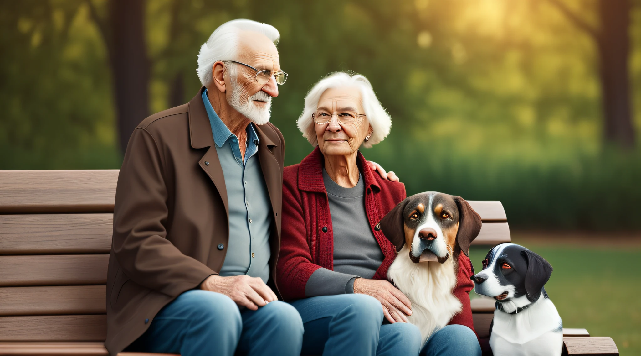 epic, realistic, high-quality art of an old man and a lady with a dog sitting on a bench