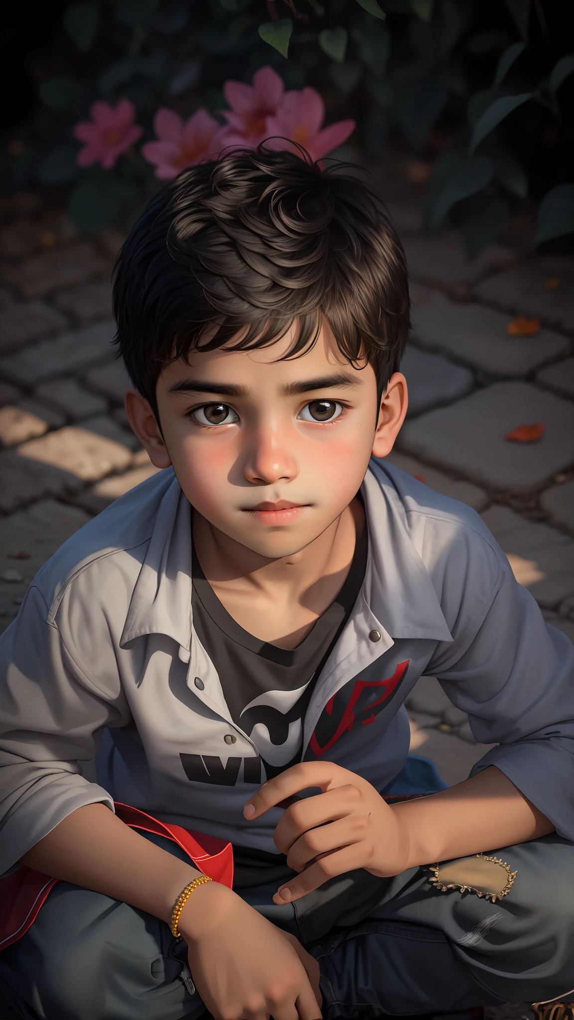 there is a young boy sitting on the ground with his hands on his knees, ayan nag, reyyan, young boy, potrait, old picture, innocent look, innocent face, with lovely look, portrait shot 8 k, cute boy, with accurate face, kid, vinayak, young commoner, innocent look. rich vivid colors