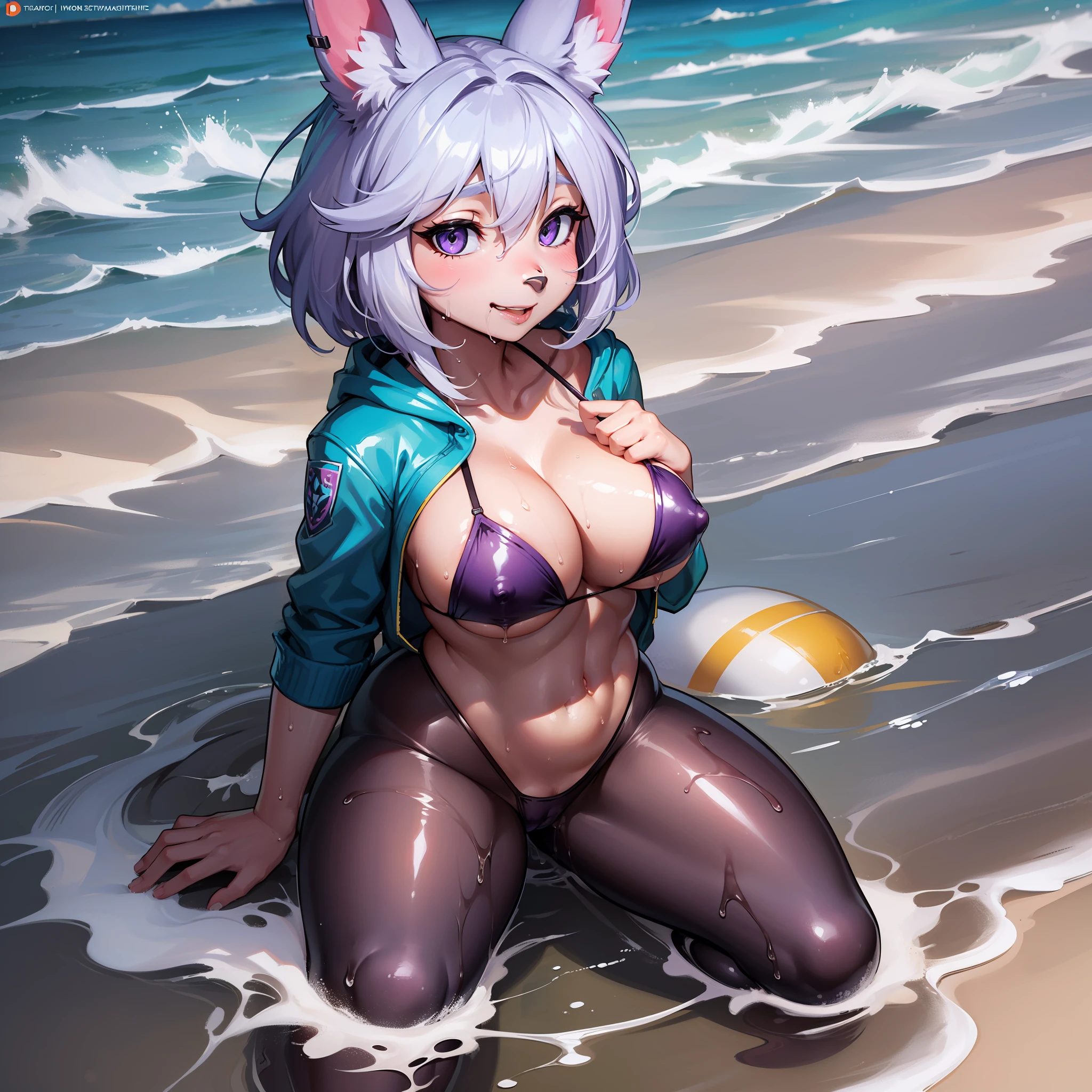 1girl, solo, full body, (masterpiece:1.21), (best quality:1.2), (illustration:1.2), (cinematic lighting:1.3), detailed fur, cartoon style, Tsampikos art style, art by Tsampikos, balanced coloring, global illumination, ray tracing, good lighting, Judy Hopps from Zootopia, judyhopps, furry, anthro, eyeshadow, eyeliner, wearing bikini, tight clothing, wet clothing, body visible through clothing, big butt, big breasts, showing breasts, cleavage, attractive body, sexy body, looking at viewer, seductive look, thick thighs, fit body, (nsfw:1.5), visible breasts, floppy bunny ears, background: beach, seaside, beach, wet fur, drenched in water, oily body, purple eyes, smirking, cleavage overflow, (((nipple slip)))