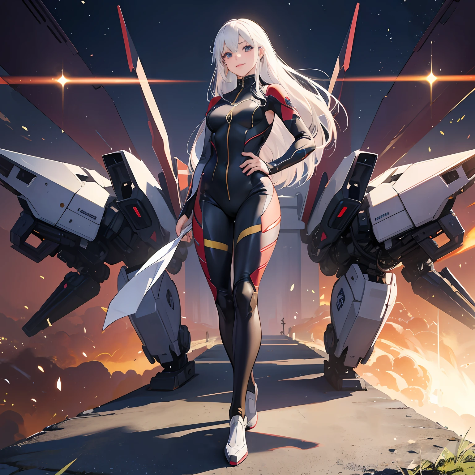 best qualtiy、tmasterpiece、超高分辨率，verism style，cold light，Realistic lighting，RAW photogr，1girll，facing at the camera，Long white hair smiling，delicated face，The body is curvy，Perfect anatomical physique，Full body photo，detail-rich，standing on your feet，tightsuit，Magic mech，high high quality，Hands are naturally open，Beautiful posture，Magic Tech Mecha Moto。 --auto
