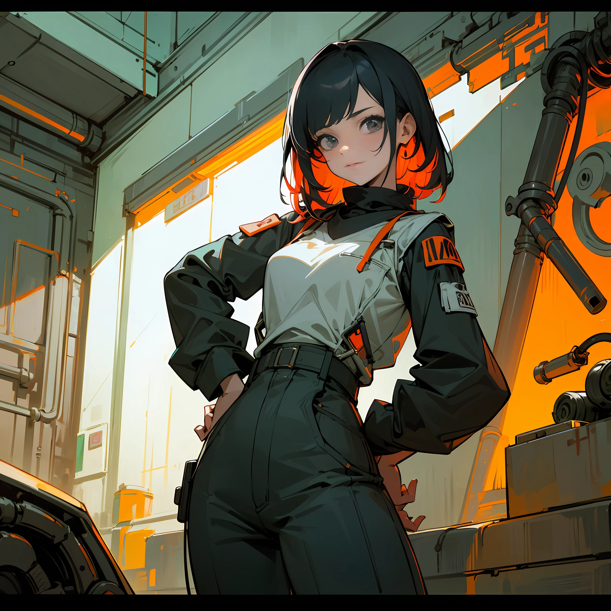 masterpiece, absurdres, highres, ultra detailed, detailed, vivid contrast
, (1 girl, 30yo:1.1), adult, colorful cloths, multicolored hair, (be bashful)
, hand on hip
, mechanic, mechanic room, electronic circuit girl, wrench