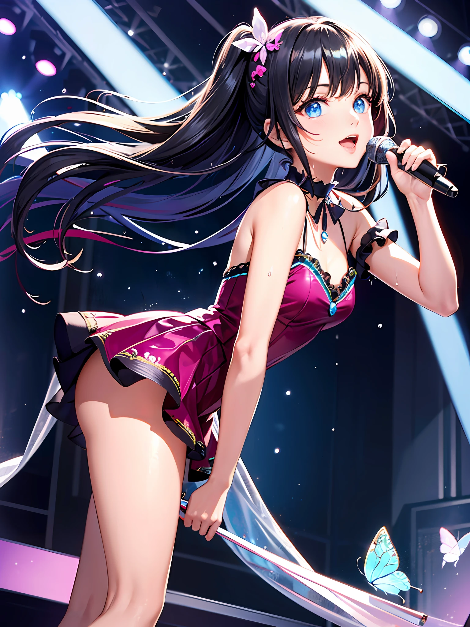 Illustration, cinematic light, high resolution, best quality, ultra detailed, detailed face, (detailed eyes), highest quality, ultra detailed, masterpiece, (detailed face), pretty face, best smile, sexy mature woman transparent (ultra-detailed embroidery and ribbons, idol outfit: 1.5), ruffled miniskirt, cloth, choker, open cloth, NSFW, high heels, blue eyes, neon small shiny hair edges, AI fantasy concert, glowing lighting with neon details, idol, (live stage: 1.15), (holding the microphone in left hand singing: 15), singing with butt sticking out: 5, (to a packed audience in the background), light reflection, heart-shaped iris, playful eyes, open shoulders, (wet body), small glowing butterfly, hair jewelry, panties, cute panties: 1.5