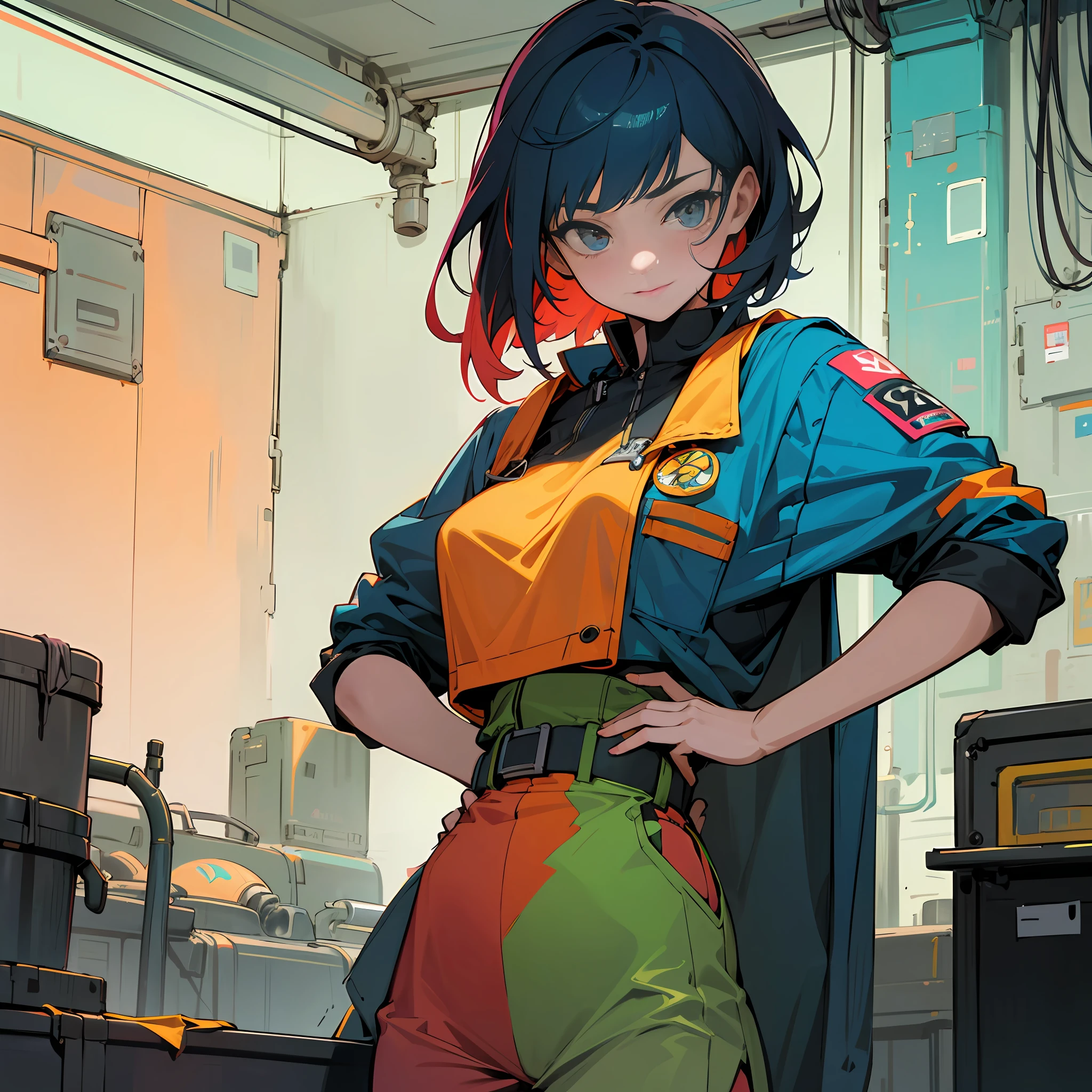 masterpiece, absurdres, highres, ultra detailed, detailed, vivid contrast
, (1 girl, 30yo:1.1), adult, colorful cloths, multicolored hair, (be bashful)
, hand on hip
, mechanic, mechanic room, electronic circuit girl, wrench