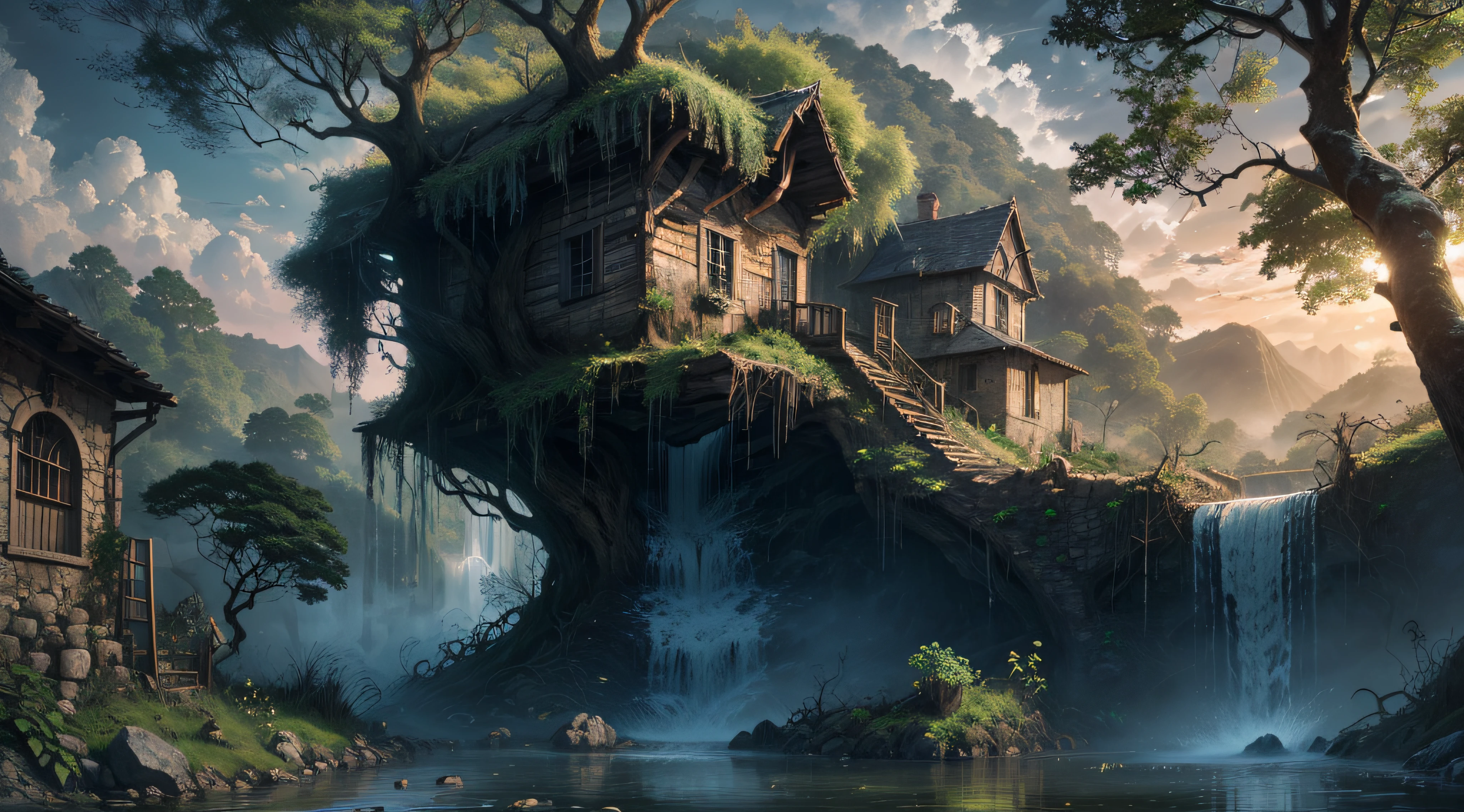 Gigantic colorful trees with many vines, palmeiras, coqueiro, fallen logs, a watermill with a waterwheel, moinho de vento, numa cachoeira exuberante, rio com grandes rochas hiper realista, sky with clouds, sol, lua, global ilumination, profundidade de campo,