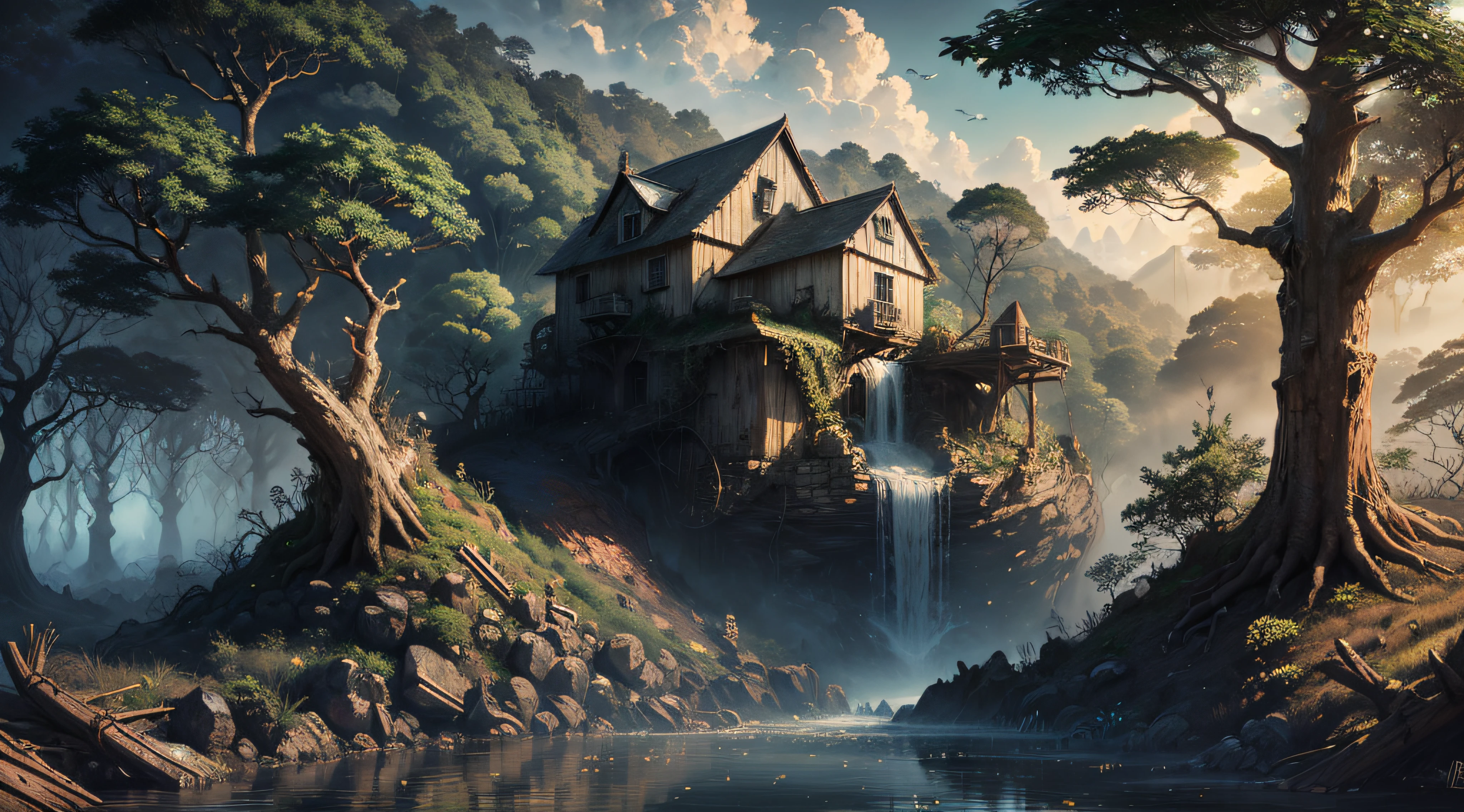 Gigantic colorful trees with many vines, palmeiras, coqueiro, fallen logs, a watermill with a waterwheel, moinho de vento, numa cachoeira exuberante, rio com grandes rochas hiper realista, sky with clouds, sol, lua, global ilumination, profundidade de campo,