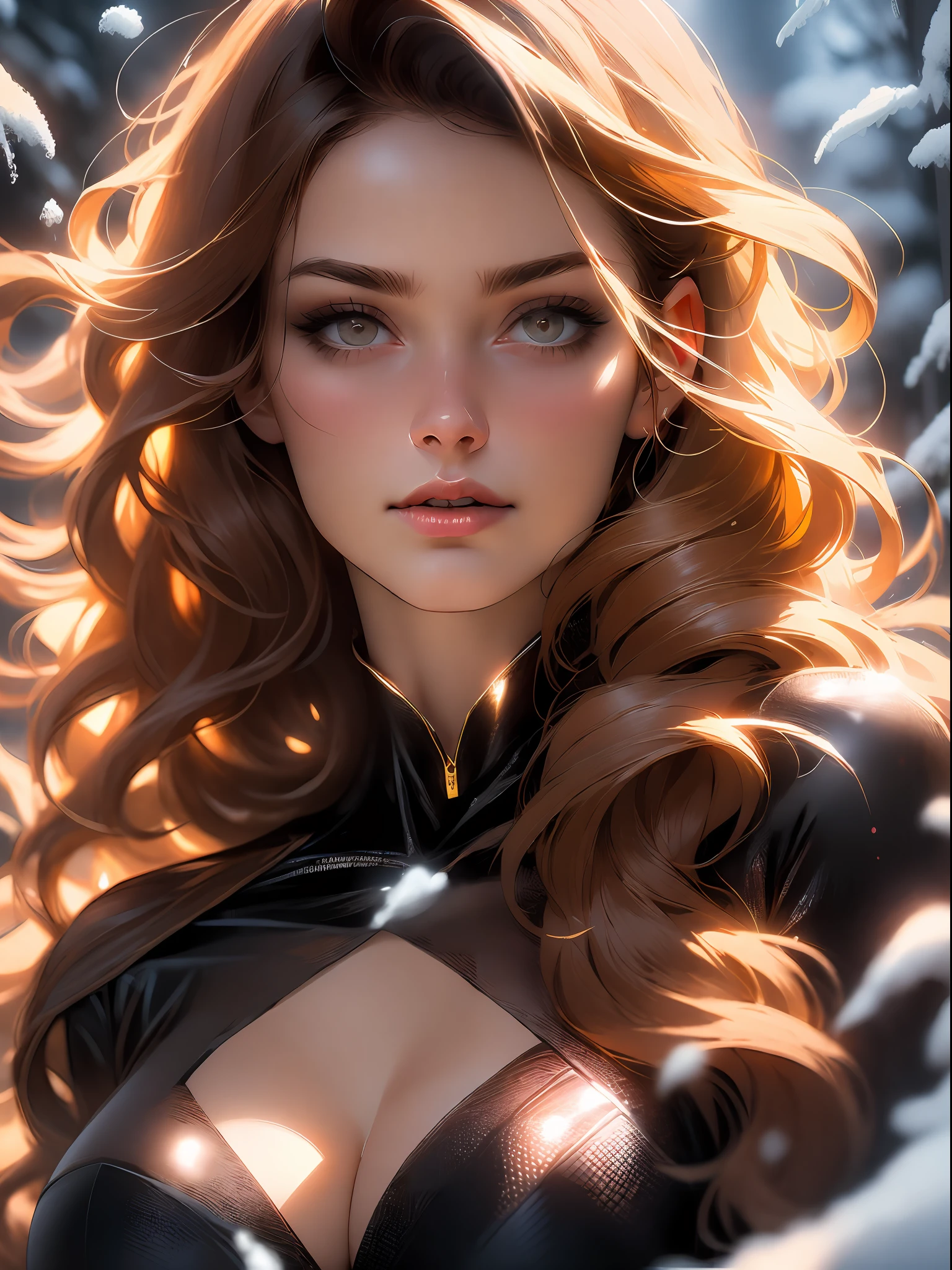 Photo of 25 year old European girl, RAW, beautiful woman, (brown hair with extra long wavy), ((portrait)), (Detailed face: 1.2)), (Detailed facial features)), (Fine skin), pale skin, high detail and deep cleavage body conhasmat suit, slim body, megacity environment, (cold color), wet, moist, reflection, (masterpiece) ( Perfect proportions) (realistic photos) (highest quality) (detail) shot with Canon EOS R5, 50mm lens, f/2.8, HDR, (8k) (wallpaper) (movie lighting) (dramatic lighting) (sharp focus) (complex) fashion