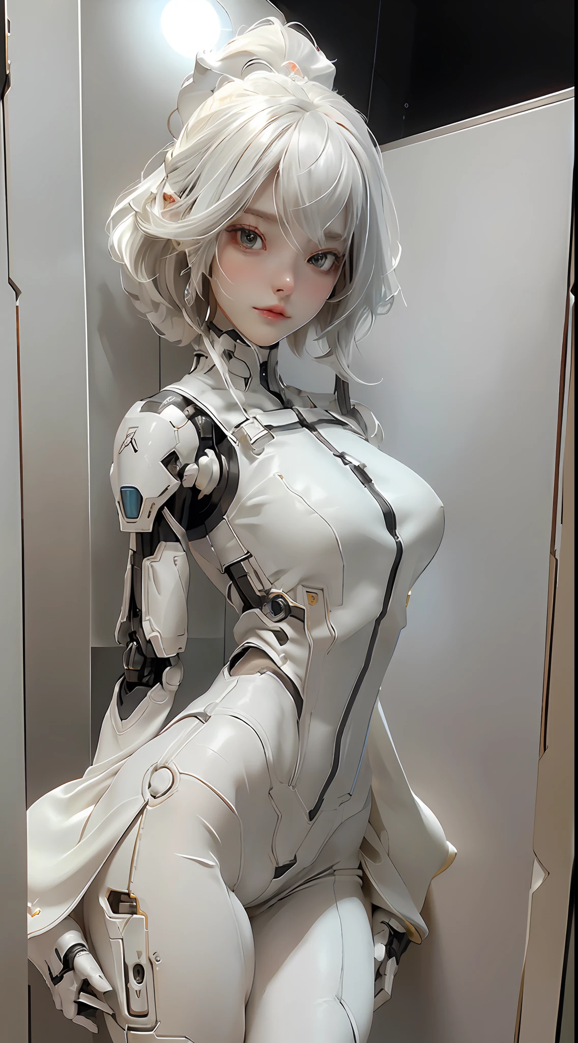 Extremely cute human  girl face, human torso, human huge boobs, human abdomen, human hips, robotic arms, mechanical legs, arms and legs with hard white shiny shell and black joints, very beautiful and feminine, short, petite, small, small, busty buttocks, medium bust, cleavage display, flat belly display, partial helmet with antenna on the ear, black robot joints, very stylish, award-winning product design, black rubber tights, Shiny white metal cuirass opens at cleavage and belly, white metal rump with folds, armor with stylish, glowing trim, mecha fox tail