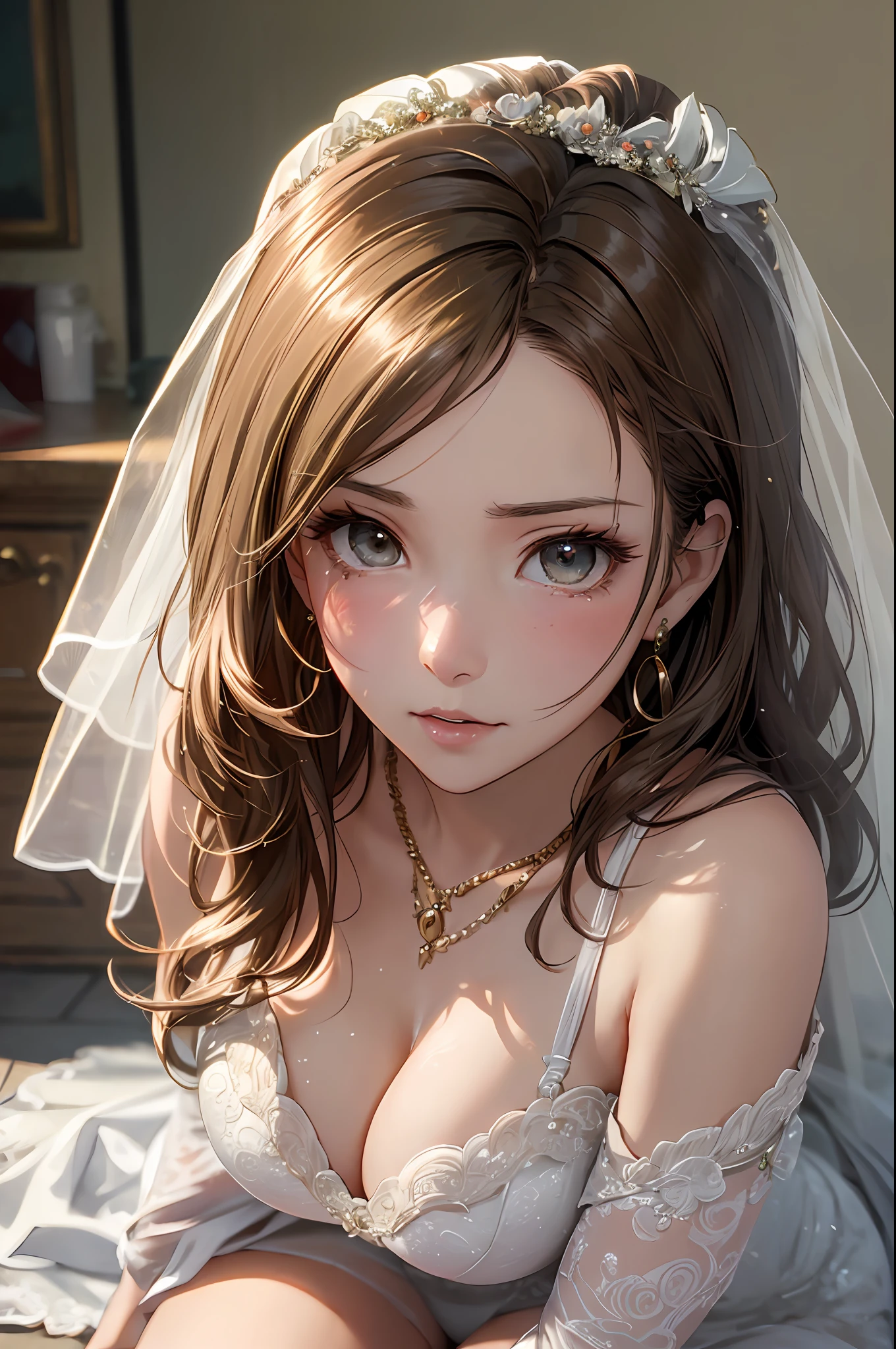 (masutepiece: 1.3), (max resolution: 1.2), (Ultra HDTV: 1.2), cinematric light, 8K resolution,
Detailed eyes and skin, detailed facial features, , (Sharp Focus: 1.2), (Focus on Face:1.2),Perfect Style, Beautiful face, acurate, Anatomically correct, Highly detailed face and skin texture, Detailed eyes, Double eyelids, Thin eyebrows, Natural cheeks, Glossy skin, Fair skin: 1.2, (Glossy lips: 1.4),、 (Shy look: 1.2),Highly detailed facial and skin texture, Detailed eyes, Double eyelids, Natural cheeks, , shiny lips: 1.4,Exposed cleavage、(A large amount of sperm in the chest:1.4)(Large amount of sperm in the thighs:1.2)、
red blush、humiliated、impatience、dismay、Frightened、glares、Tears、embarrassed from、Open knees、open one's legs、Masturbation behavior、masturbation、rubbing the genitals with fingers,,,,,,、
White underwear、White bra、Shiny little earrings and necklaces、、Disheveled clothes、Dressing、Exposed panties、Wearing sweat、sodden、Sheer underwear、
25 years old, Neat and clean woman 、Wavy Hair、 Semi-long hair, Big, upturned breasts, Sitting on the floor, chies、Golden hair、Green ash eye,(weddingdress:1.5)、veils、